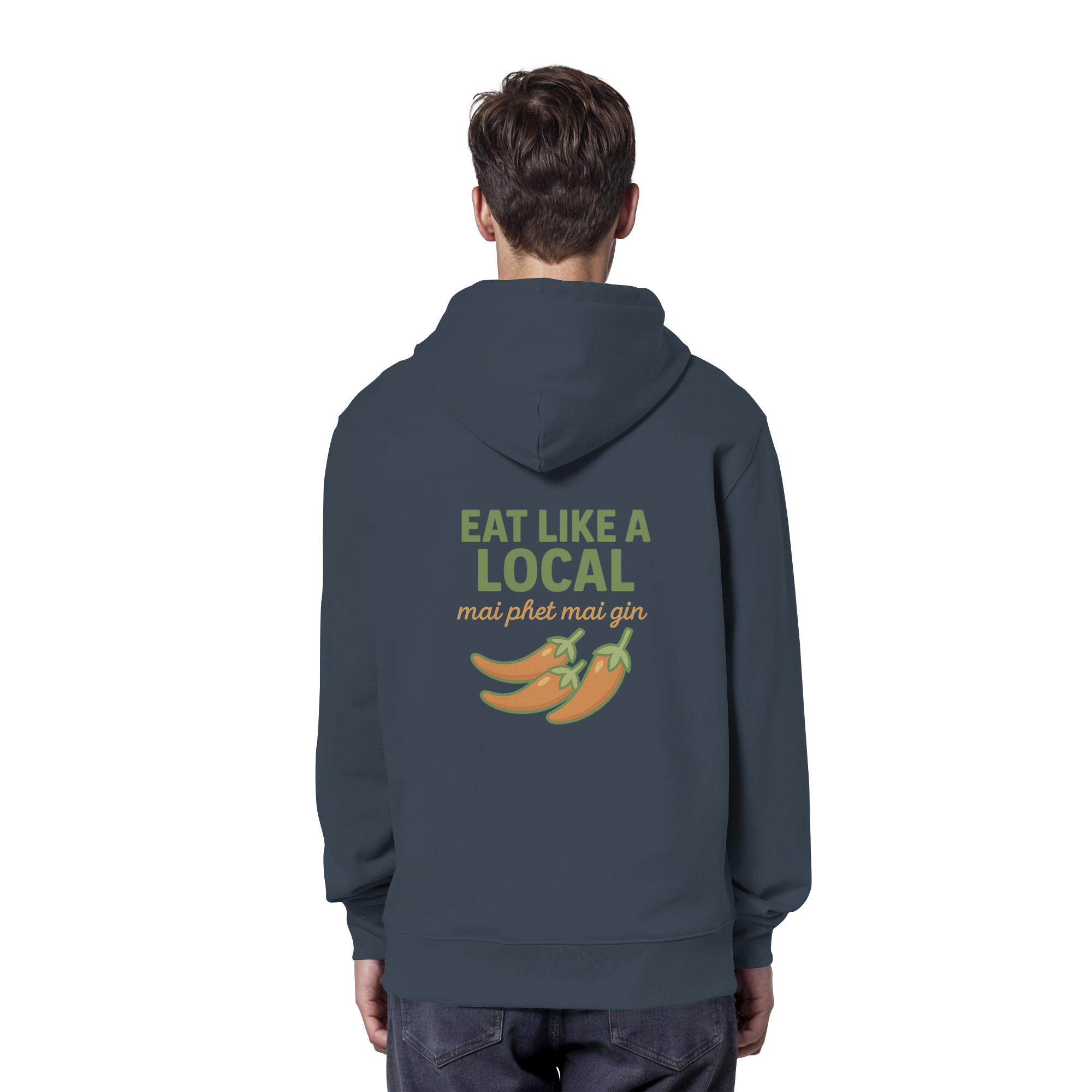Eat Like a Local – Thai Food Design | „mai phet mai gin“ Chili Design - Rückseite bedruckt - Organic Hoodie