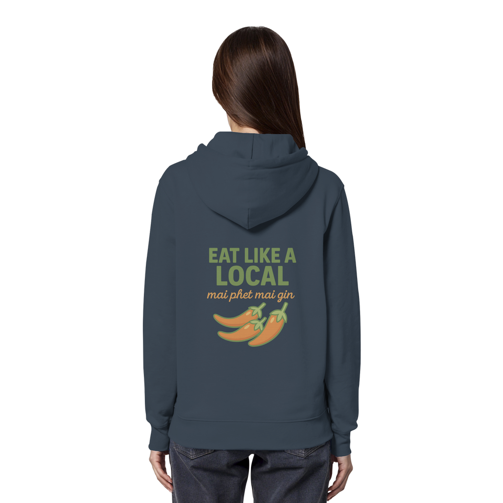 Eat Like a Local – Thai Food Design | „mai phet mai gin“ Chili Design - Rückseite bedruckt - Organic Hoodie
