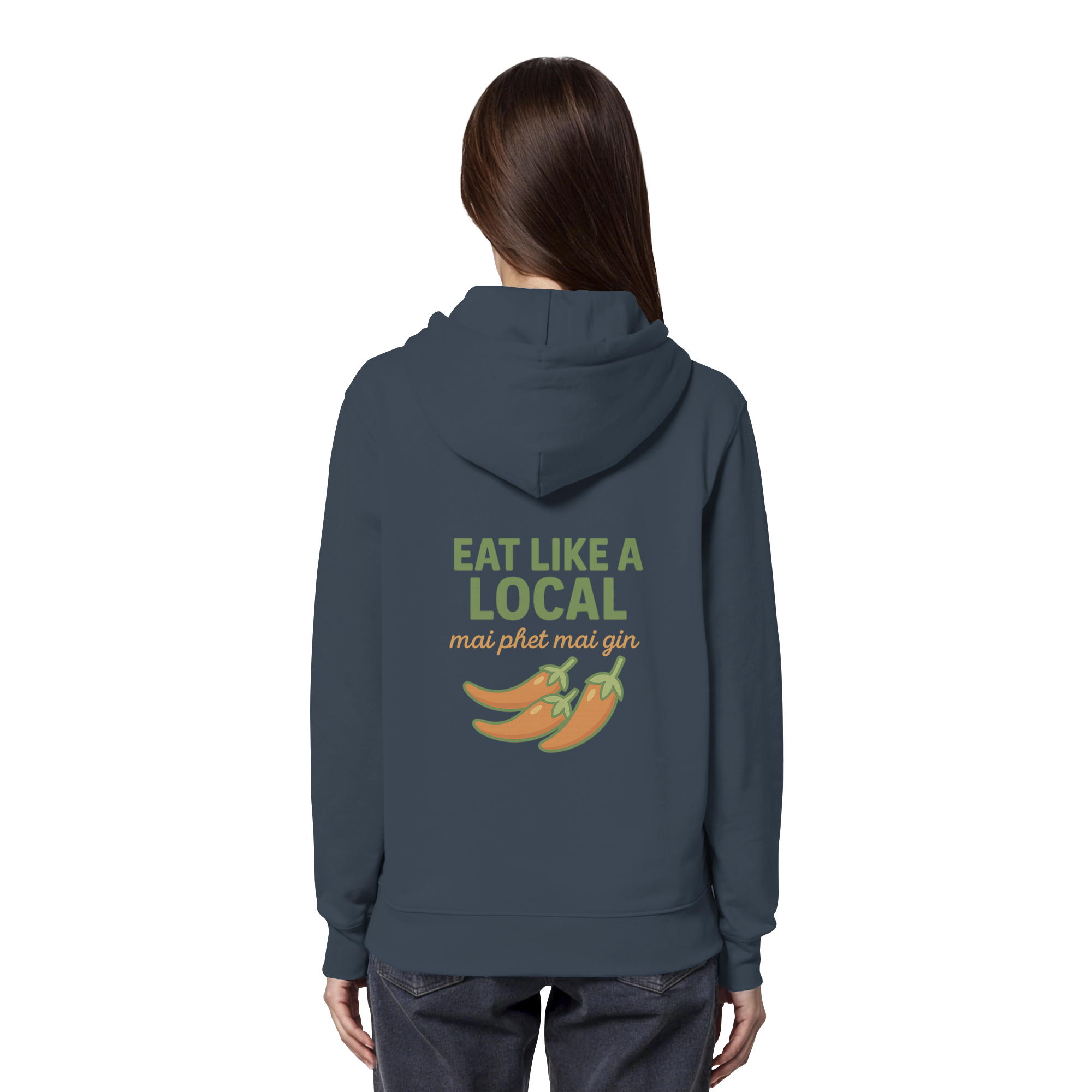 Eat Like a Local – Thai Food Design | „mai phet mai gin“ Chili Design - Rückseite bedruckt - Organic Hoodie