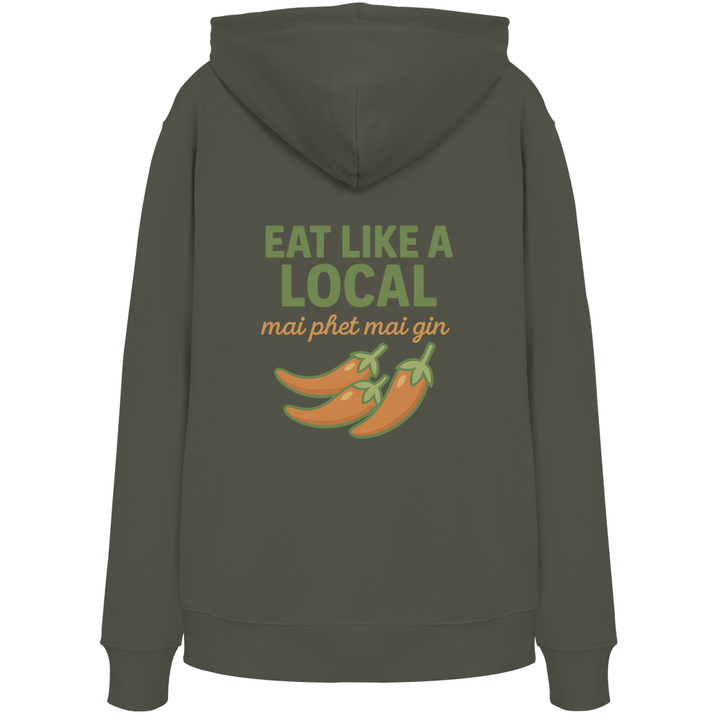 Eat Like a Local – Thai Food Design | „mai phet mai gin“ Chili Design - Rückseite bedruckt - Organic Hoodie