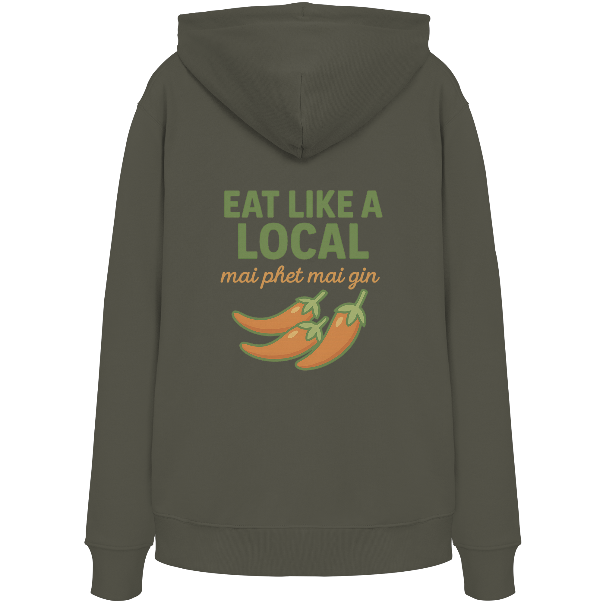 Eat Like a Local – Thai Food Design | „mai phet mai gin“ Chili Design - Rückseite bedruckt - Organic Hoodie