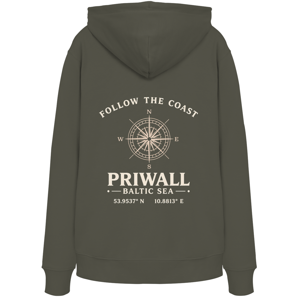 Rückansicht des Bio Hoodie in Khaki mit dunklem Priwall Follow the Coast Backprint
