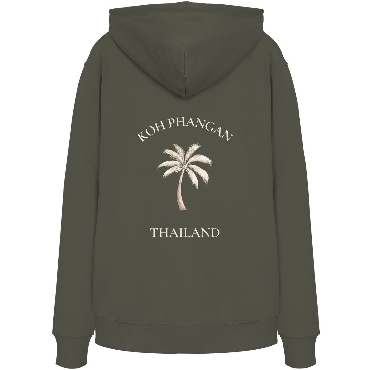 Bio Hoodie in khaki mit Koh Phangan Mini Palm Motiv als Backprint – Original-Mockup