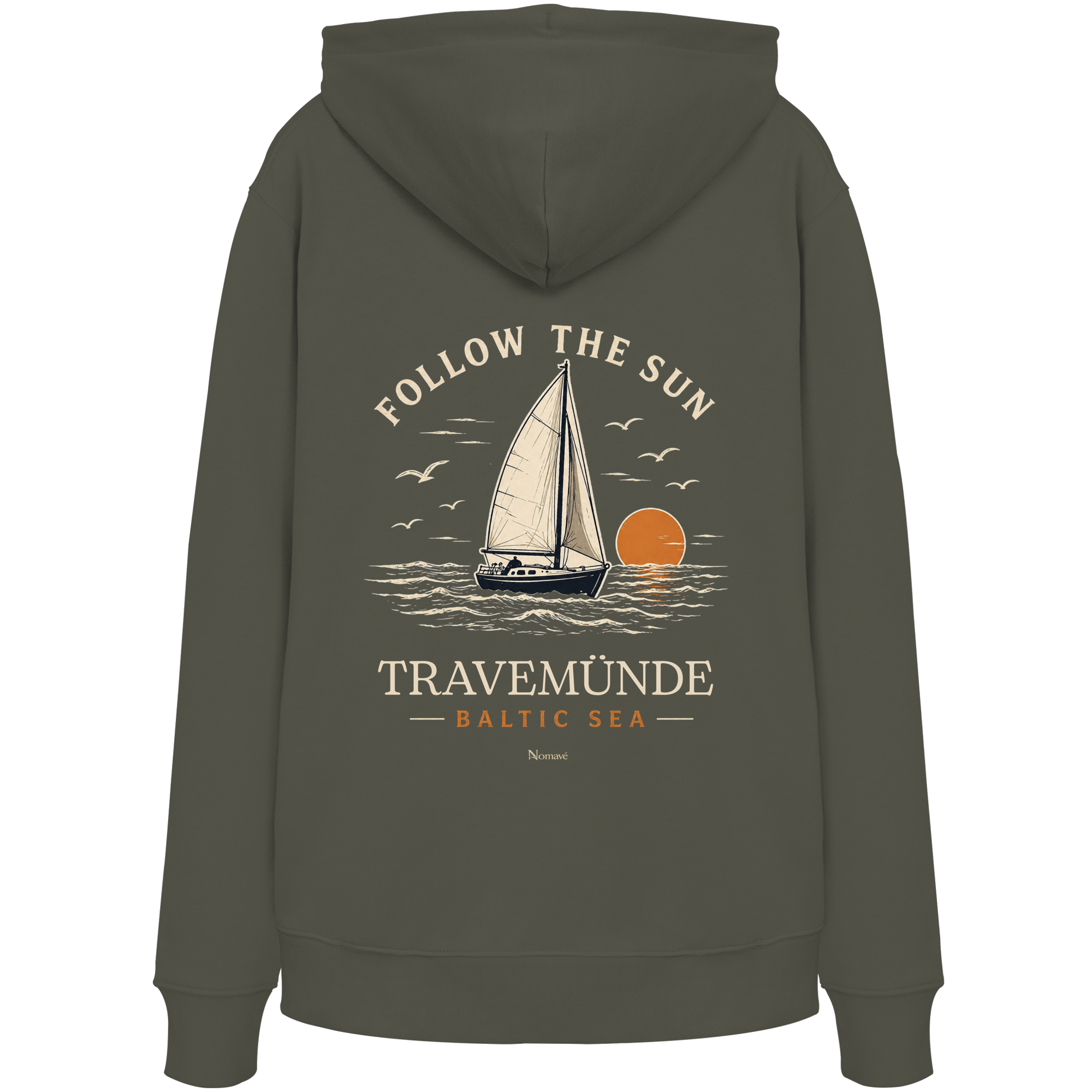 Travemünde Follow The Sun Dark Edition Hoodie – Backprint aus Bio-Baumwolle