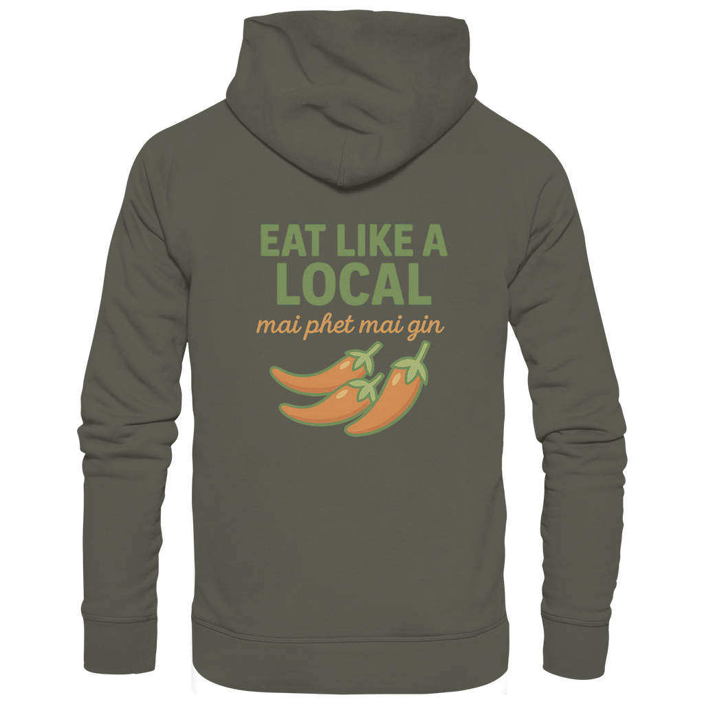 Eat Like a Local – Thai Food Design | „mai phet mai gin“ Chili Design - Rückseite bedruckt - Organic Hoodie