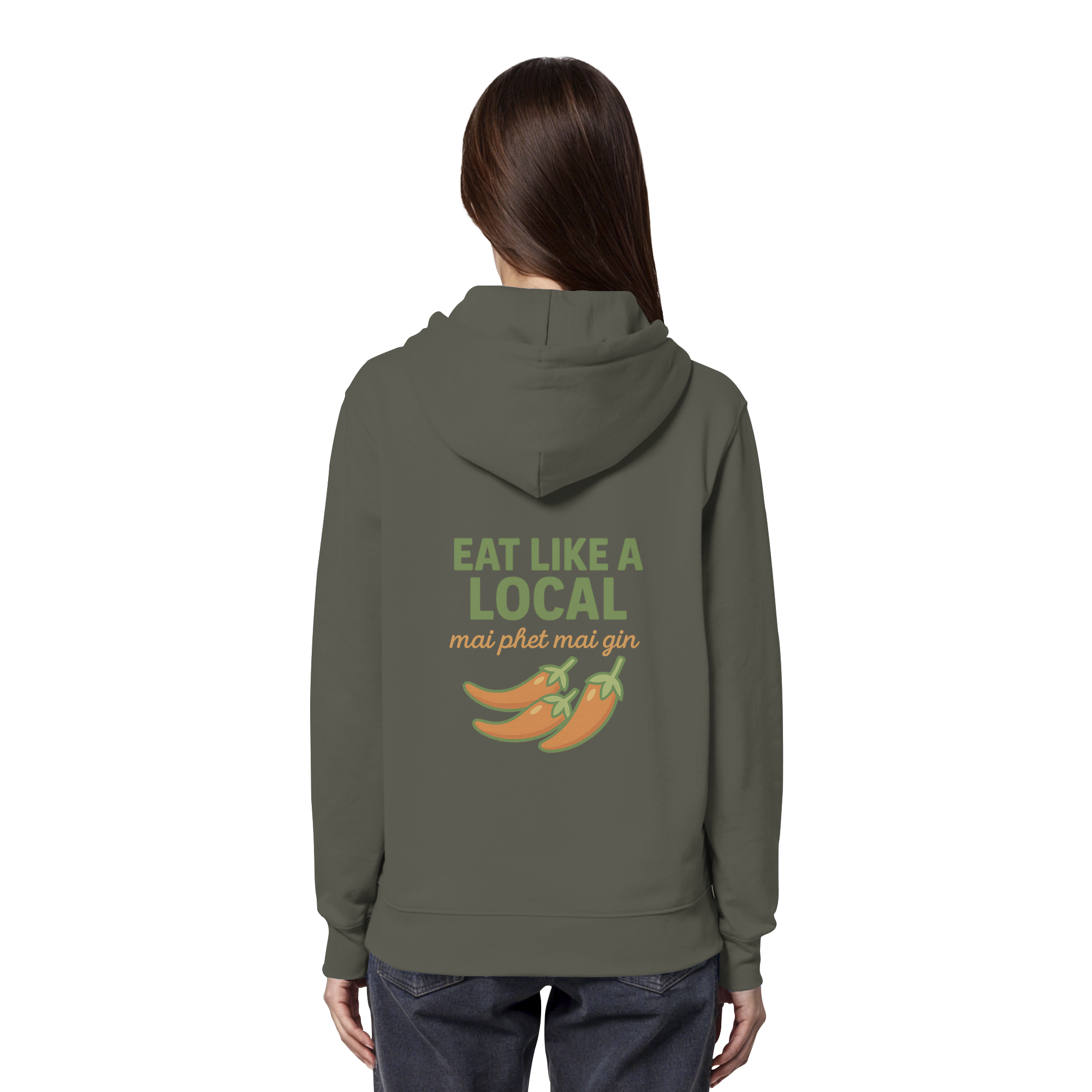 Eat Like a Local – Thai Food Design | „mai phet mai gin“ Chili Design - Rückseite bedruckt - Organic Hoodie