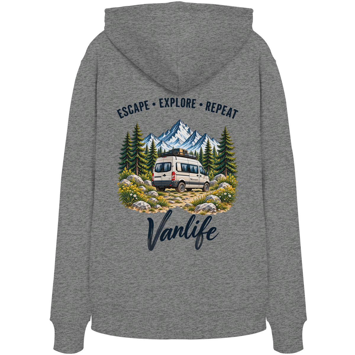 Bio Hoodie in Mid Heather Grey als Produkt-Mockup mit Escape Explore Repeat Motiv als Backprint