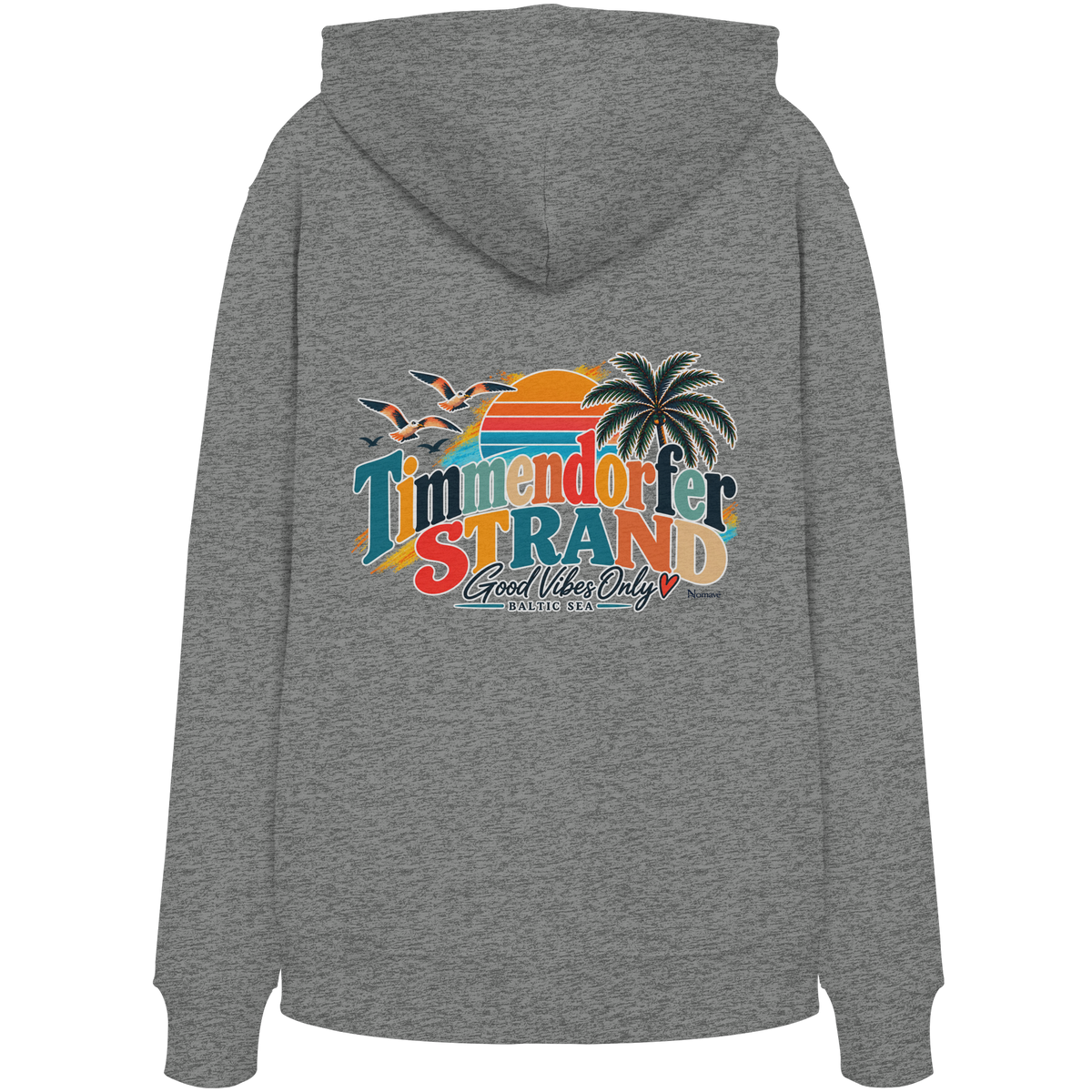 Timmendorfer Strand – Good Vibes Only – Unisex Bio-Hoodie mit Rückenprint – Heather Grey; originales Katalogmockup der Rückansicht mit Rückenprint.