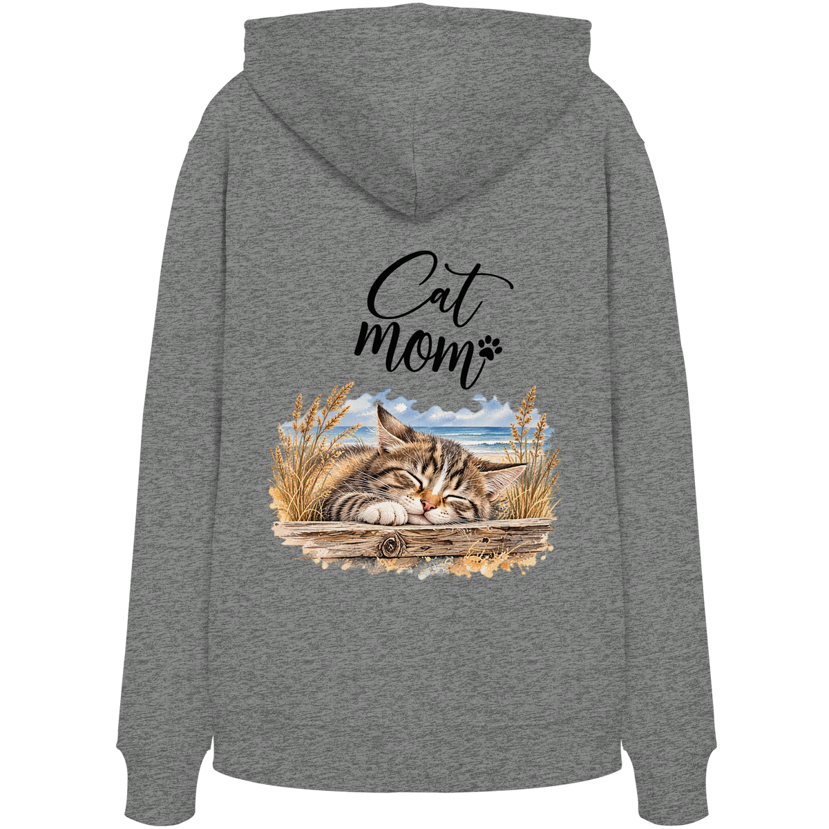 Cat Mom Bio-Hoodie in Mid Heather Grey – Original-Rückansicht mit Kapuze und Katzen-Küstenmotiv als Rückenprint.