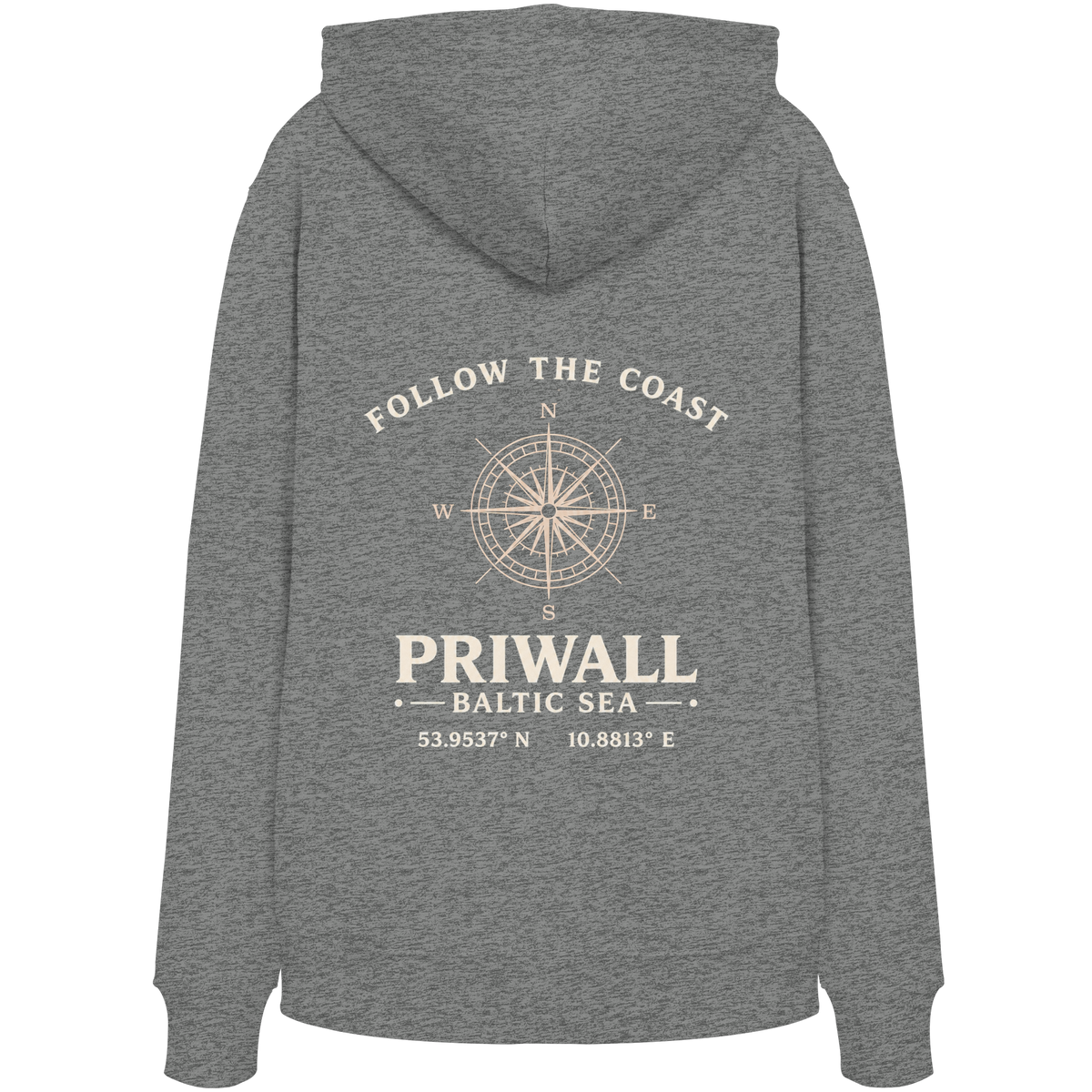 Rückansicht des Bio Hoodie in Mid Heather Grey mit dunklem Priwall Follow the Coast Backprint