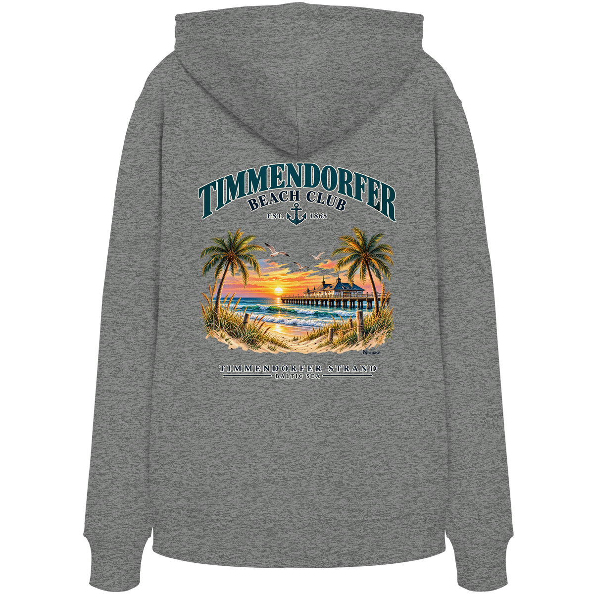 Original-/Katalogmockup: Unisex Bio-Hoodie in Mid Heather Grey, Rückansicht mit Timmendorfer-Beach-Club-Rückendruck.