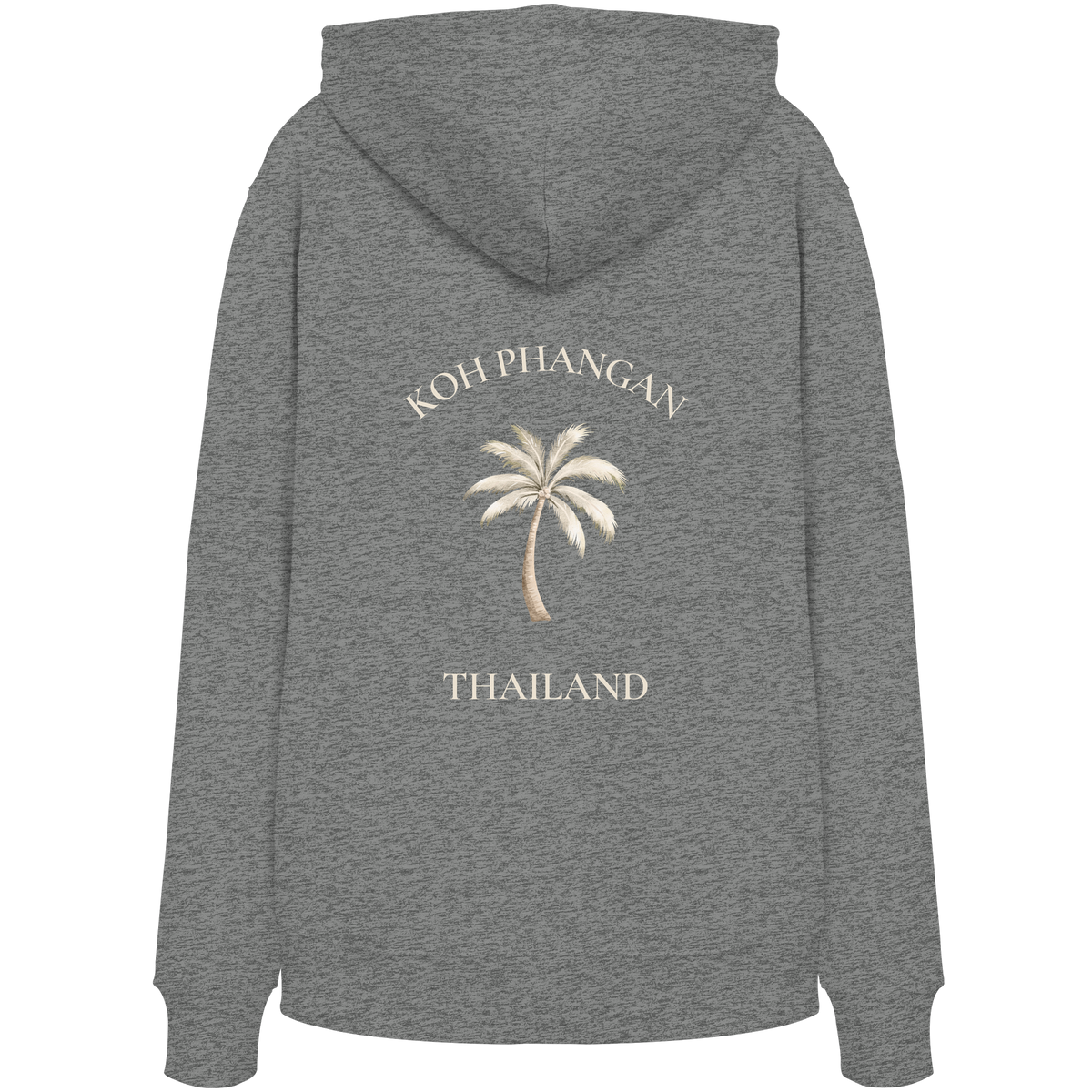 Bio Hoodie in mid heather grey mit Koh Phangan Mini Palm Motiv als Backprint – Original-Mockup