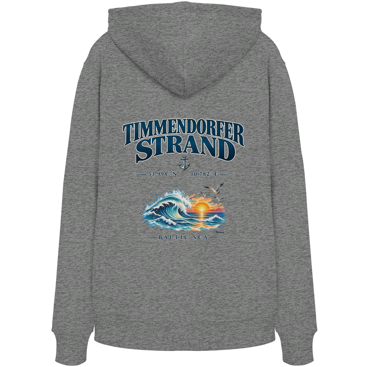 Original-Mockup 9: Unisex Bio-Hoodie in Heather Grey mit Timmendorfer Strand – Baltic Sea Backprint.