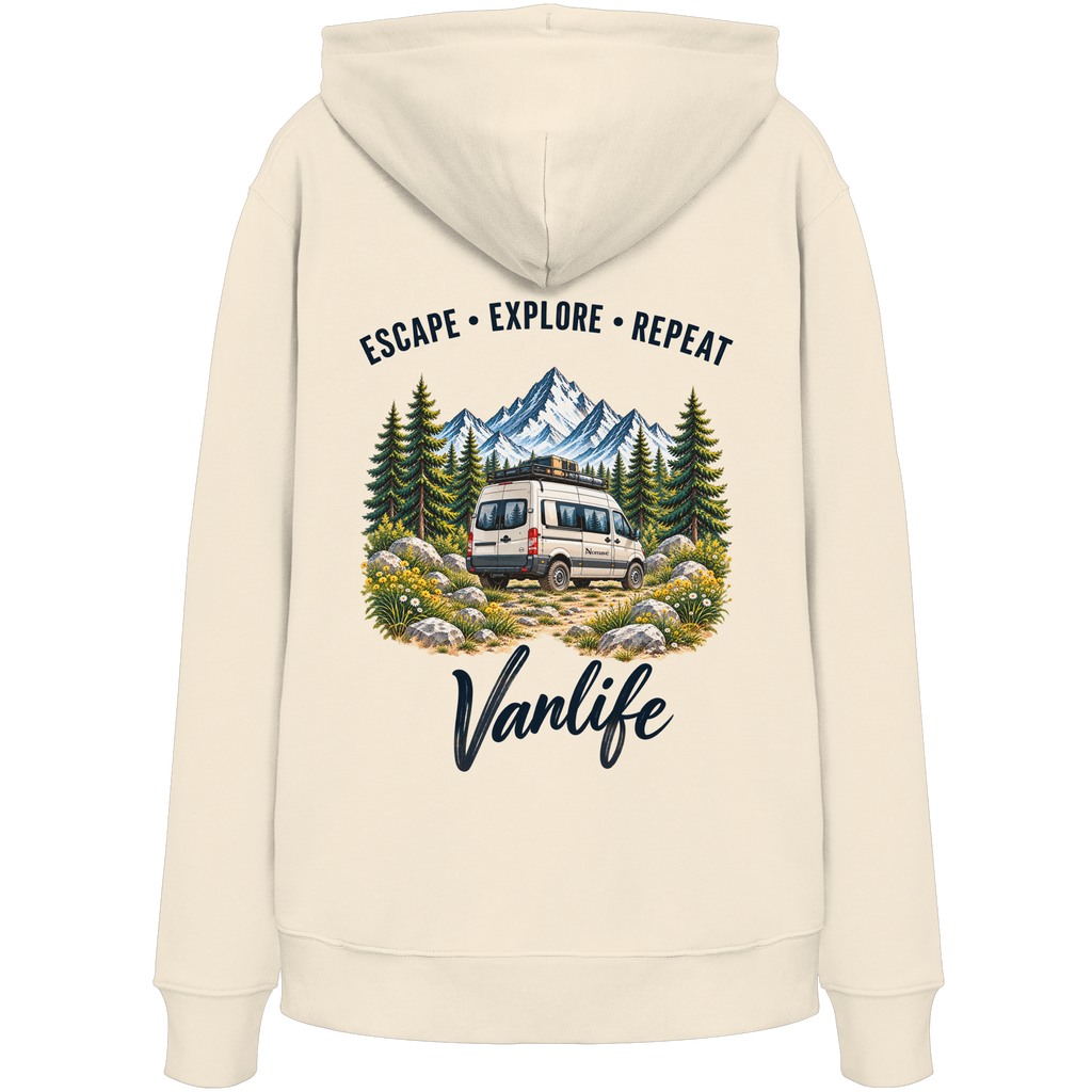 Bio Hoodie in Natural Raw als Produkt-Mockup mit Escape Explore Repeat Motiv als Backprint