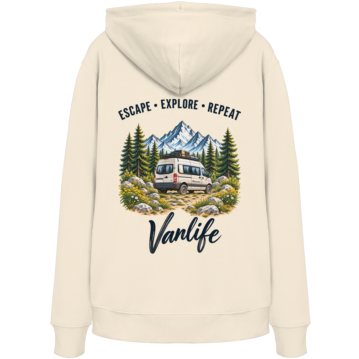 Bio Hoodie in Natural Raw als Produkt-Mockup mit Escape Explore Repeat Motiv als Backprint
