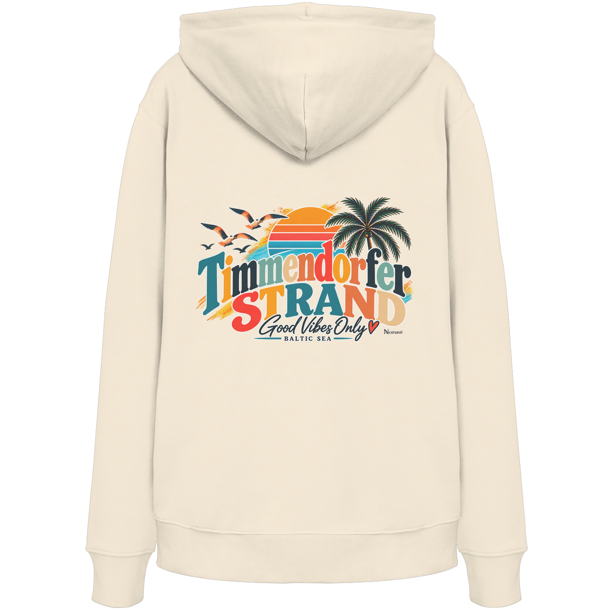 Timmendorfer Strand – Good Vibes Only – Unisex Bio-Hoodie mit Rückenprint – Natural Raw; originales Katalogmockup der Rückansicht mit Rückenprint.