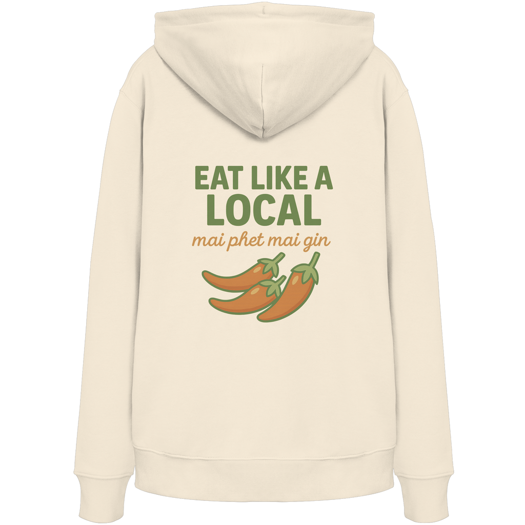 Eat Like a Local – Thai Food Design | „mai phet mai gin“ Chili Design - Rückseite bedruckt - Organic Hoodie