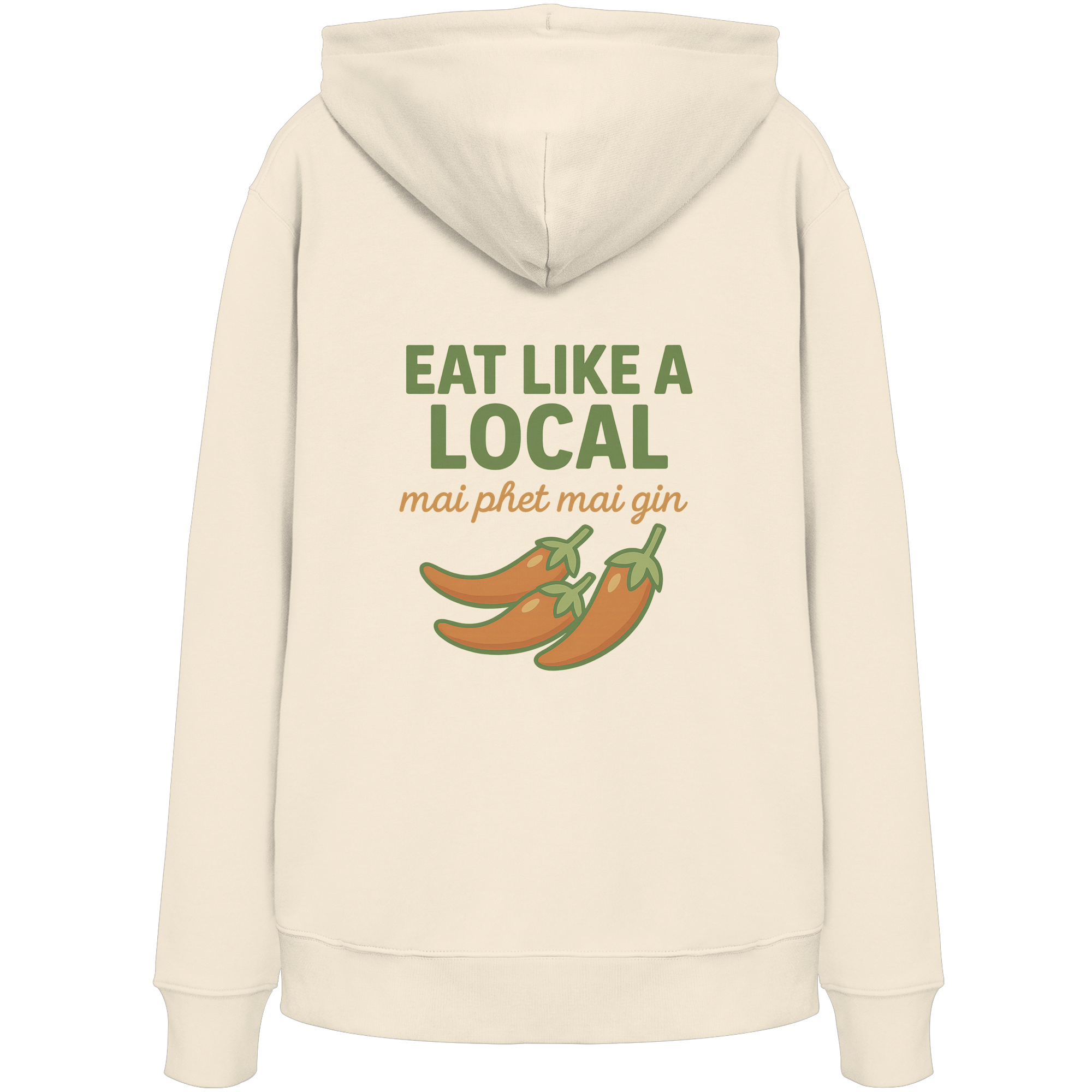 Eat Like a Local – Thai Food Design | „mai phet mai gin“ Chili Design - Rückseite bedruckt - Organic Hoodie