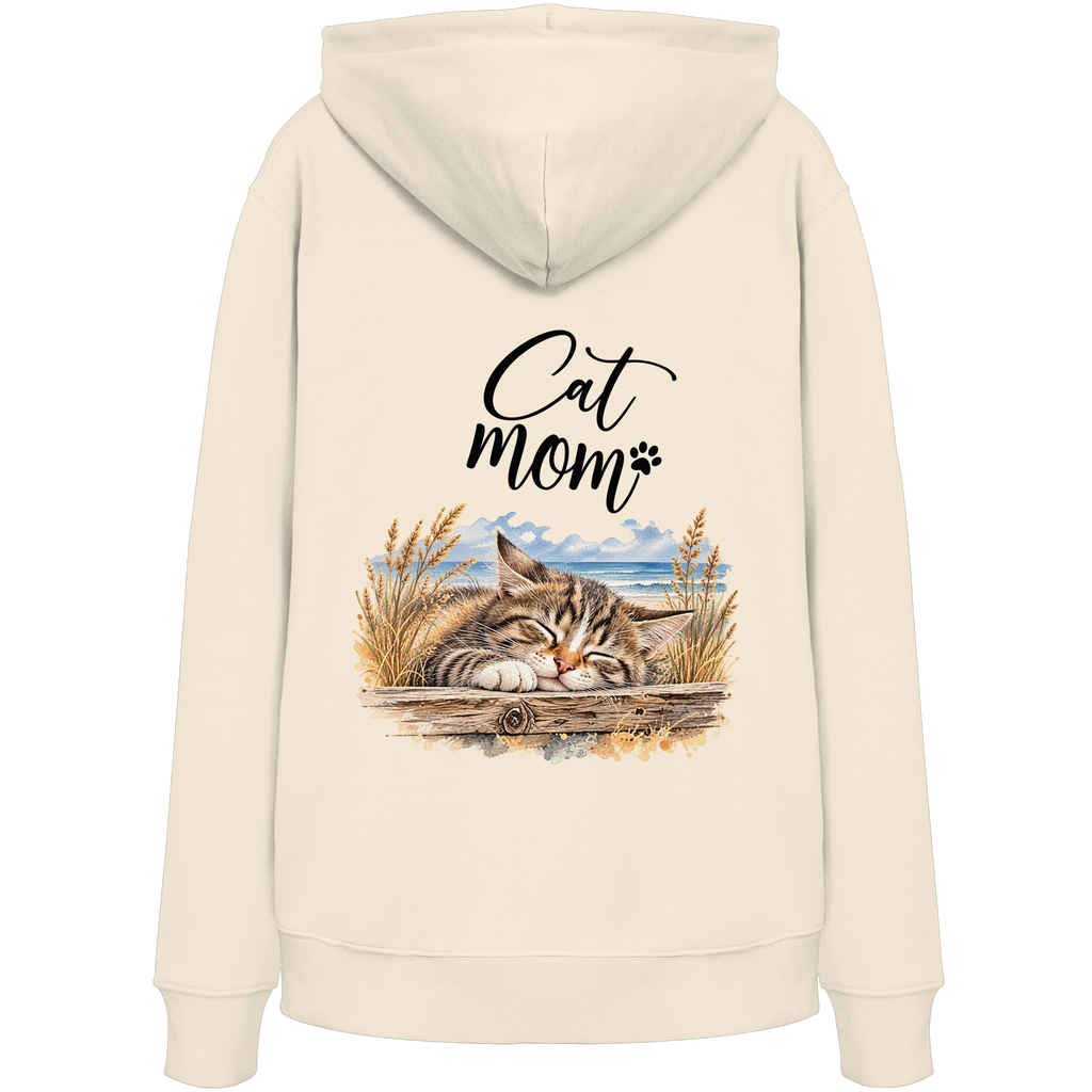 Cat Mom Bio-Hoodie in Natural Raw – Original-Rückansicht mit Kapuze und Katzen-Küstenmotiv als Rückenprint.