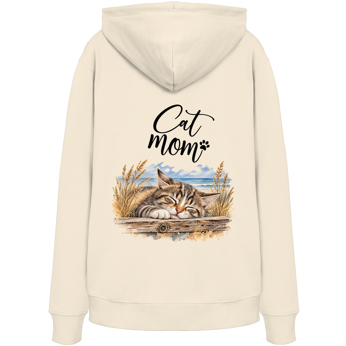 Cat Mom Bio-Hoodie in Natural Raw – Original-Rückansicht mit Kapuze und Katzen-Küstenmotiv als Rückenprint.
