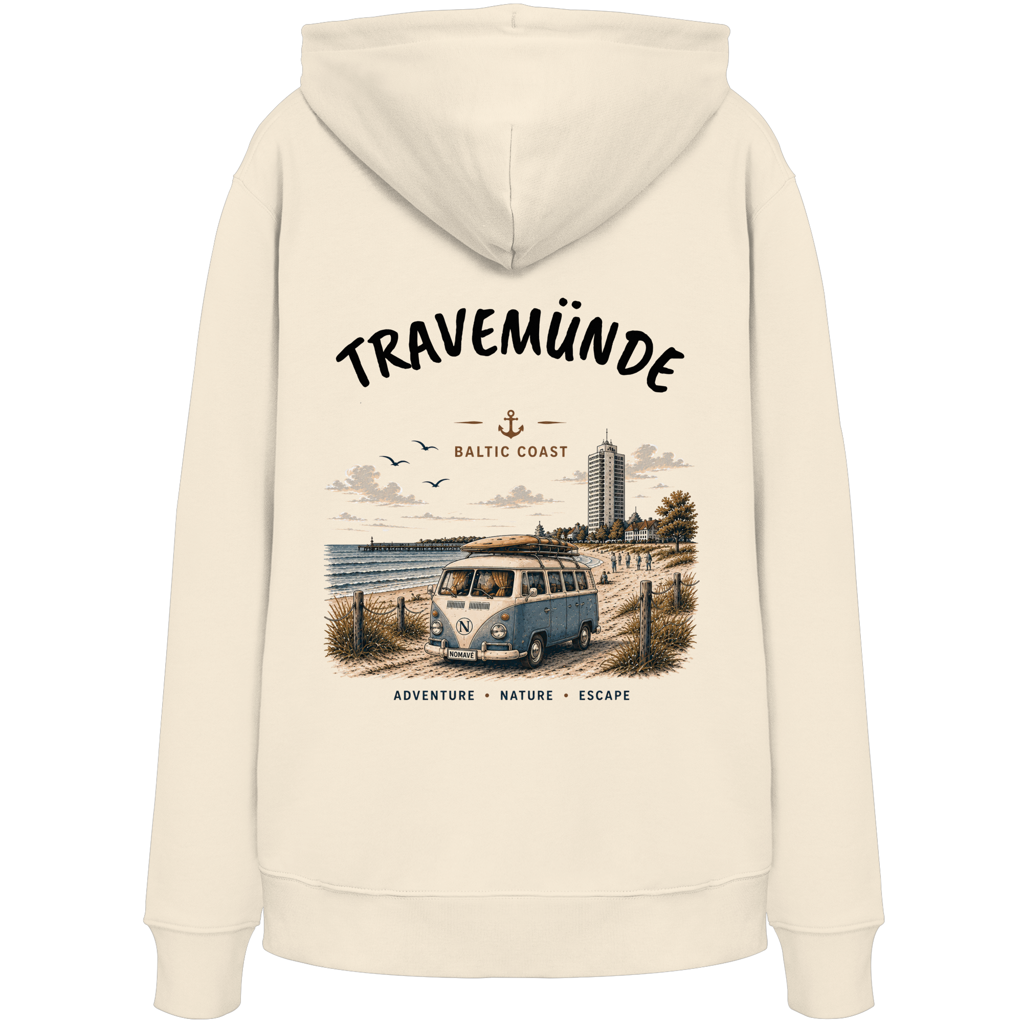 Travemünde Bulli Rückenprint – Bio Hoodie mit Küstenmotiv - Kapuzenpullover
