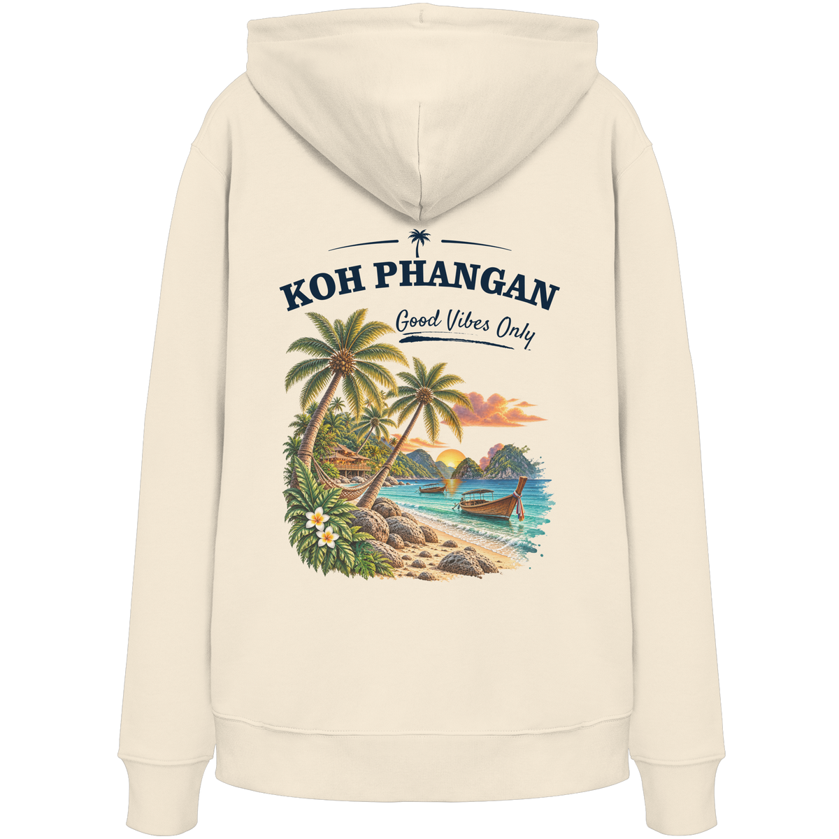 Bio Hoodie – Backprint in natural raw als Original-Mockup mit Koh Phangan Good Vibes Only Backprint
