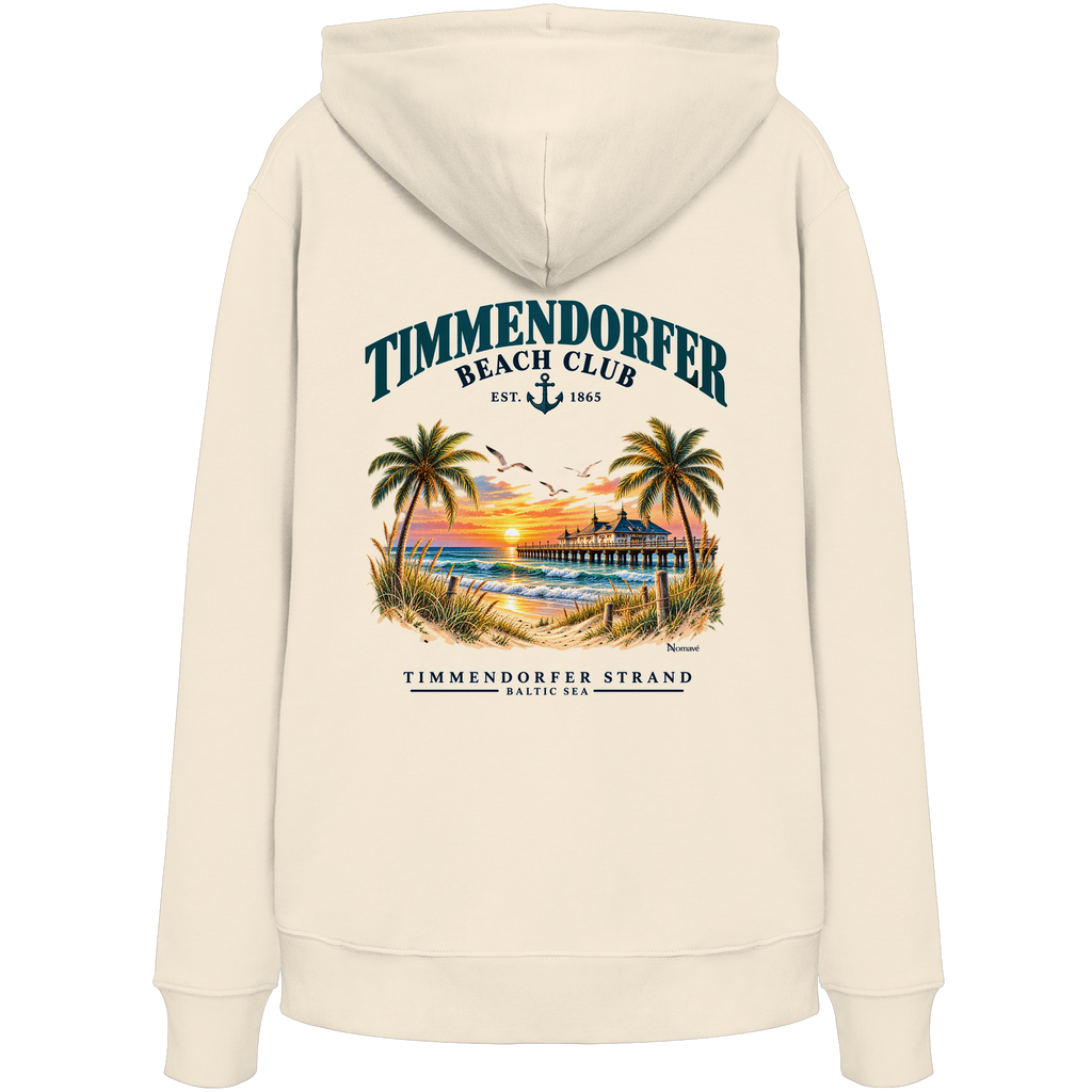 Original-/Katalogmockup: Unisex Bio-Hoodie in Natural Raw, Rückansicht mit Timmendorfer-Beach-Club-Rückendruck.
