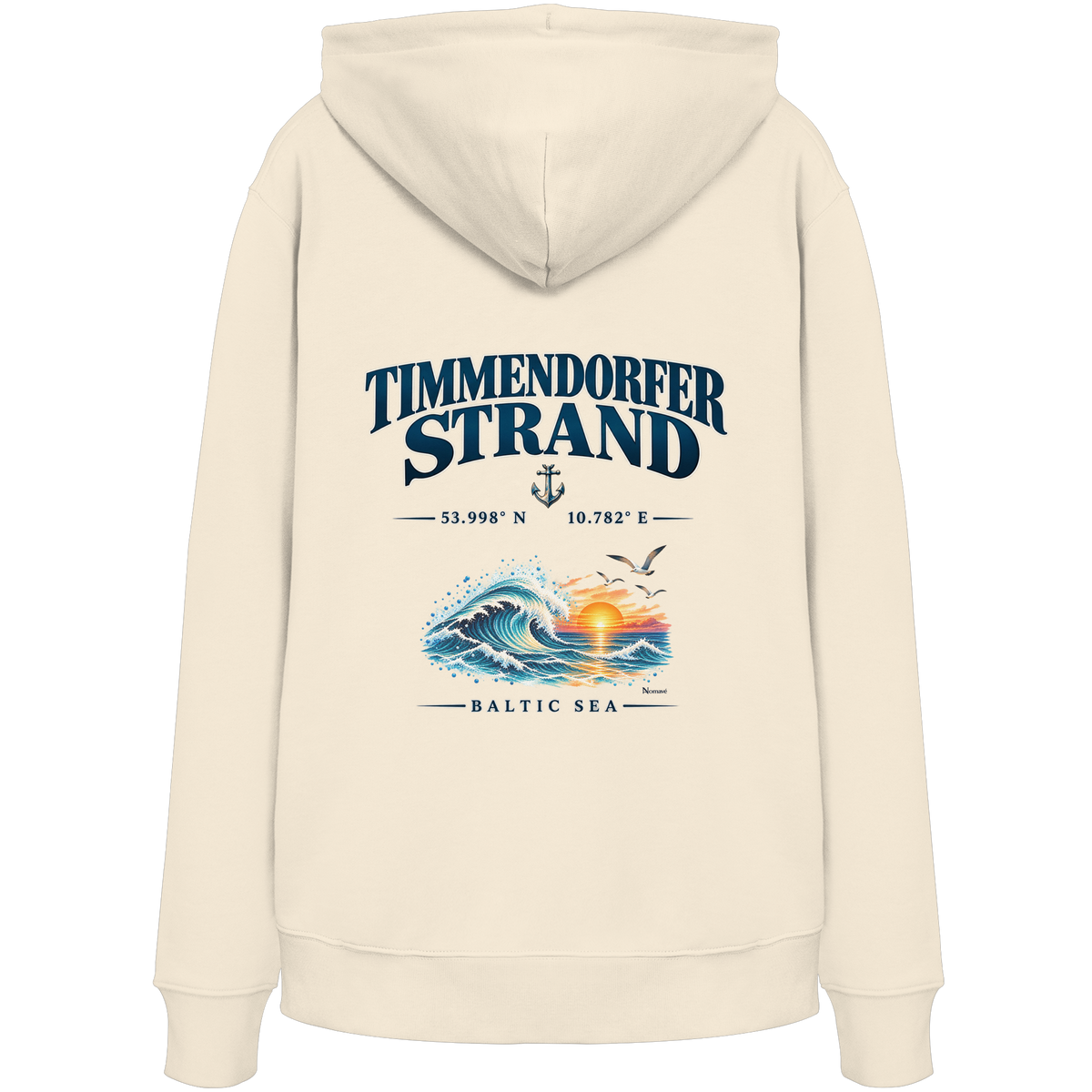 Original-Mockup 1: Unisex Bio-Hoodie in Natural Raw mit Timmendorfer Strand – Baltic Sea Backprint.