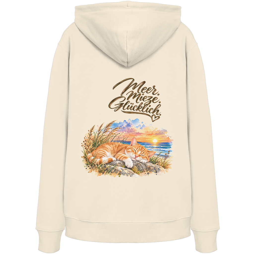 Unisex Bio-Hoodie in Natural Raw mit „Meer. Mieze. Glücklich.“ als Backprint – Rückansicht im Original-Mockup.