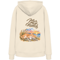 Unisex Bio-Hoodie in Natural Raw mit „Meer. Mieze. Glücklich.“ als Backprint – Rückansicht im Original-Mockup.