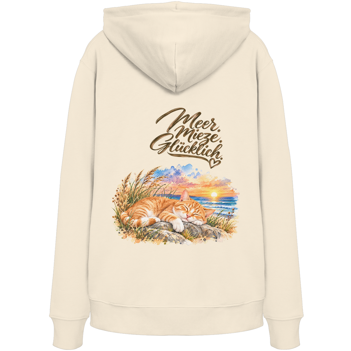 Unisex Bio-Hoodie in Natural Raw mit „Meer. Mieze. Glücklich.“ als Backprint – Rückansicht im Original-Mockup.