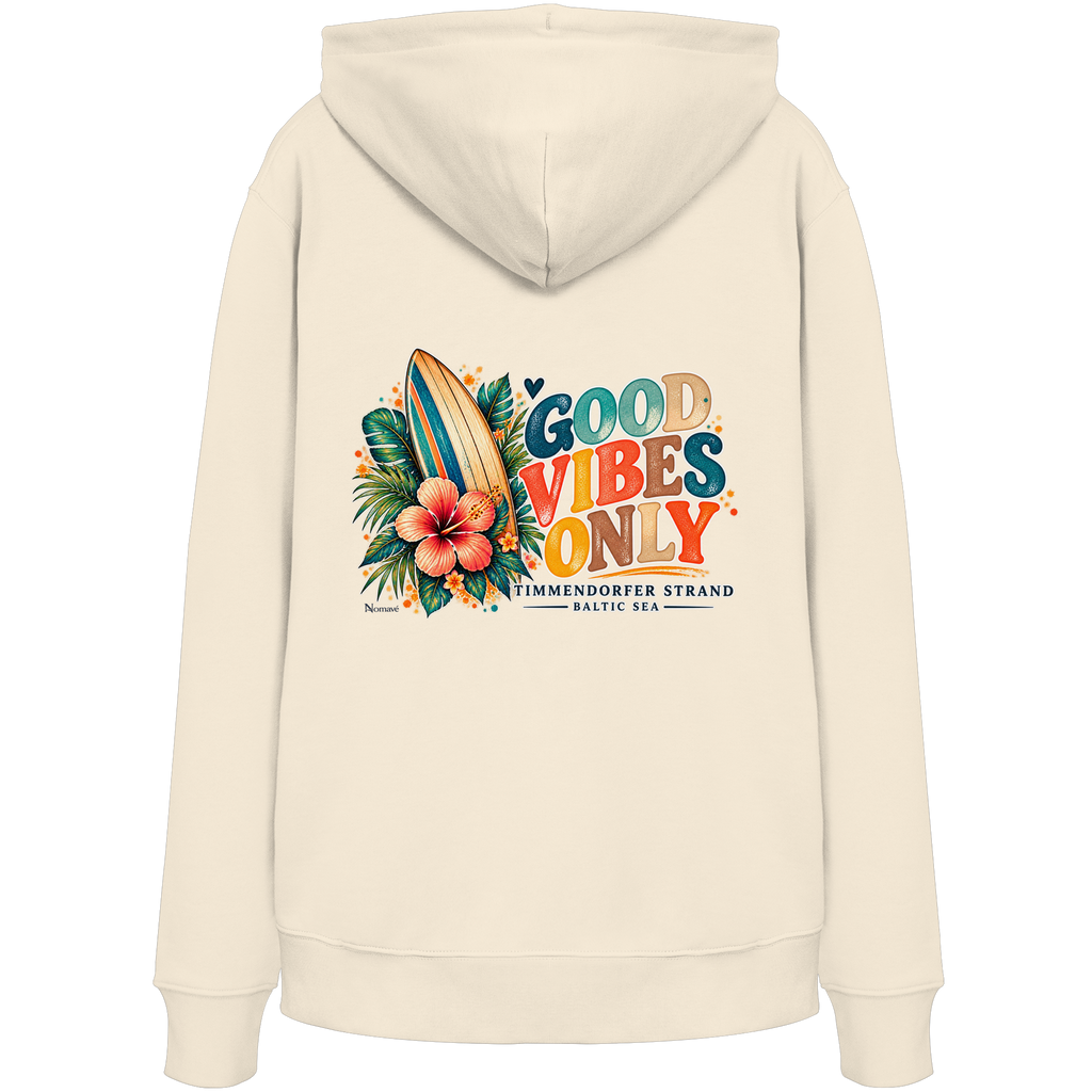 Original-Rückansicht 1: Unisex Bio-Hoodie in Natural Raw mit Timmendorfer-Surf-Vibes-Rückenprint, Surfboard, Hibiskusblüten und Baltic-Sea-Schriftzug.