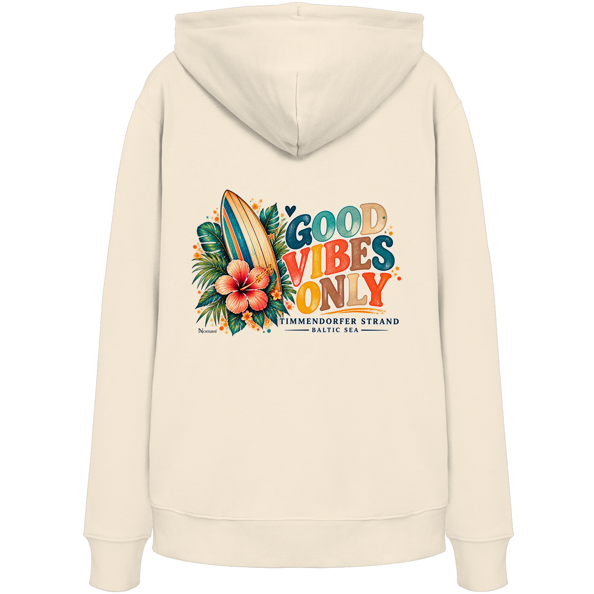 Original-Rückansicht 1: Unisex Bio-Hoodie in Natural Raw mit Timmendorfer-Surf-Vibes-Rückenprint, Surfboard, Hibiskusblüten und Baltic-Sea-Schriftzug.
