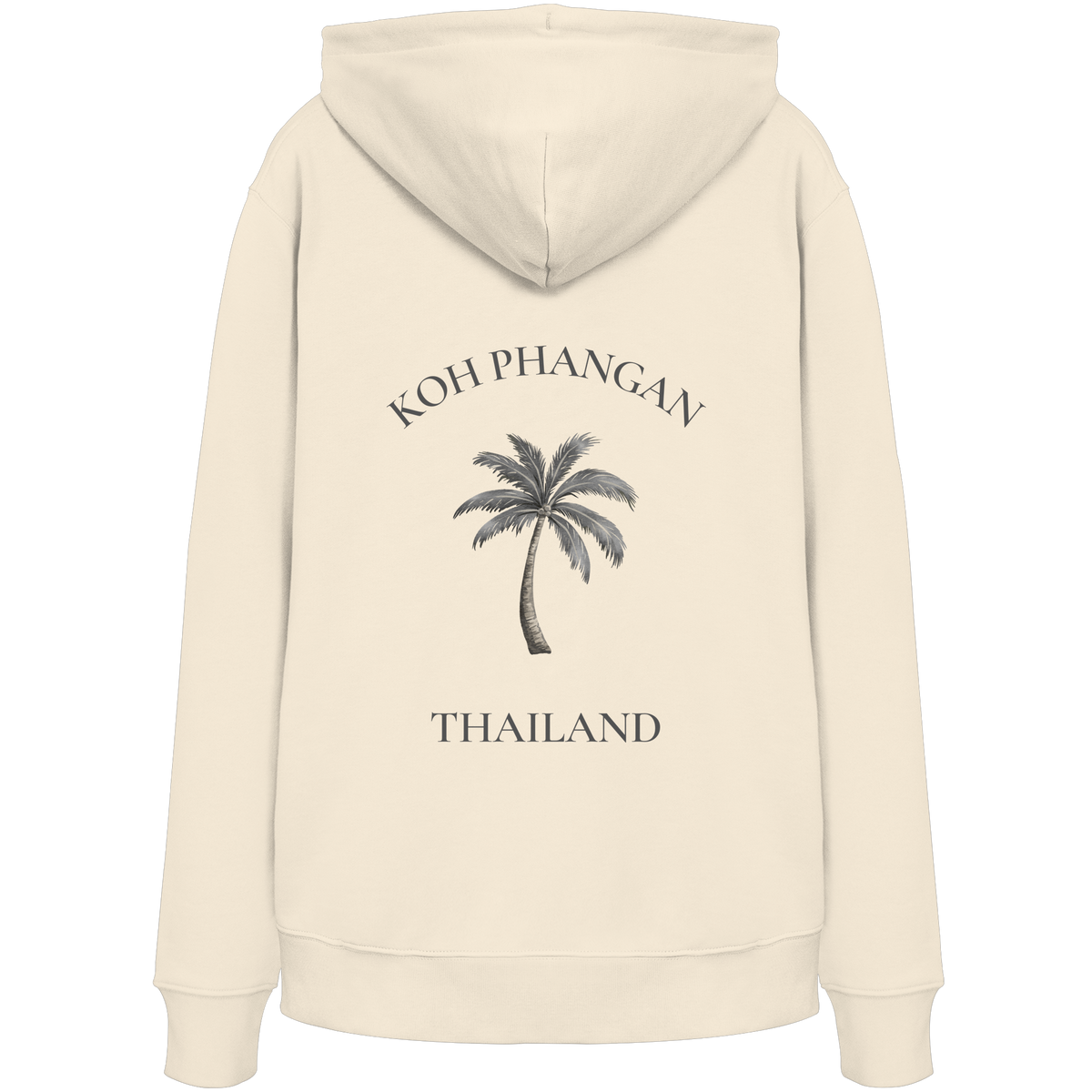Koh Phangan Mini Palm – Bio Hoodie – Backprint – Originalmockup in Natural Raw, Produktansicht 1