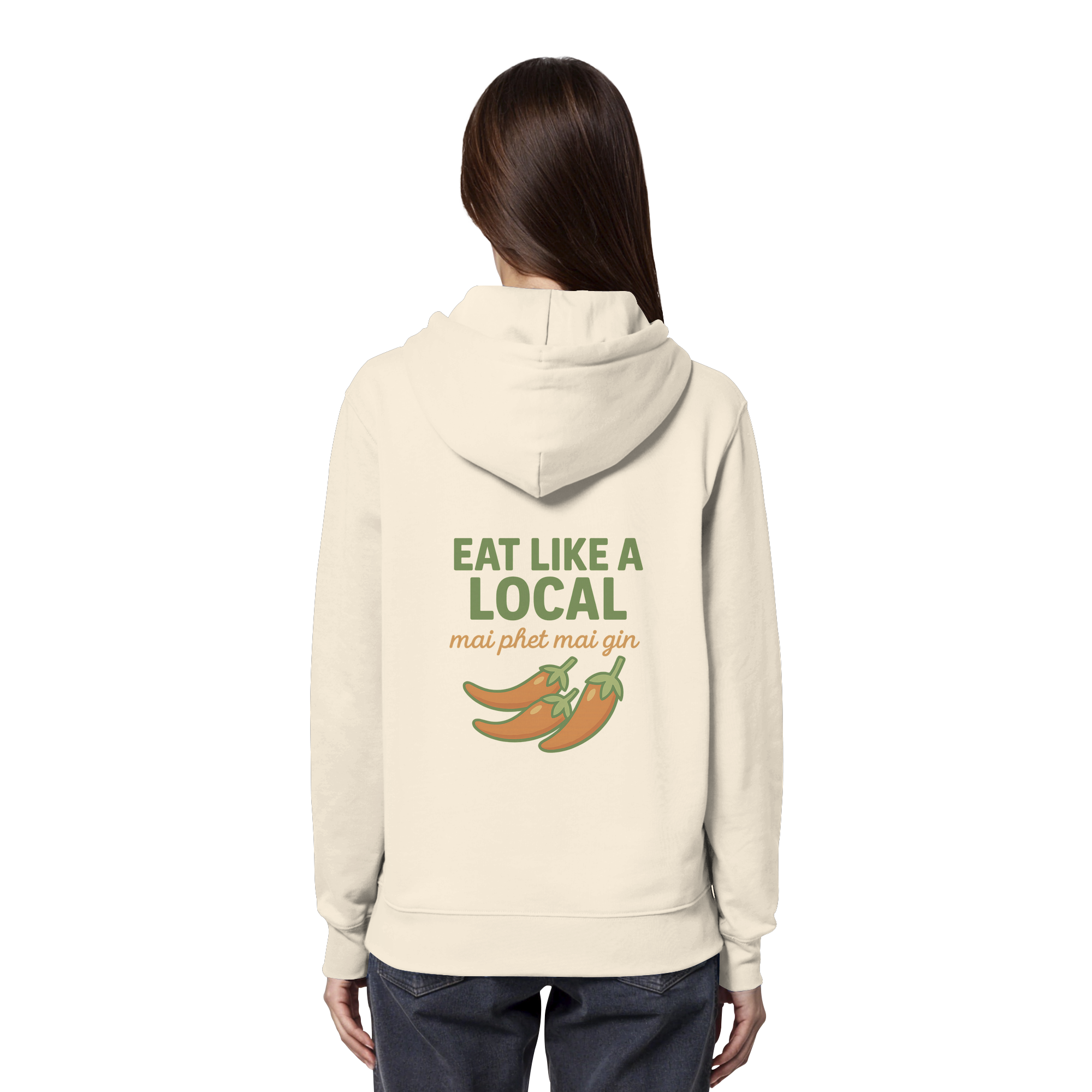 Eat Like a Local – Thai Food Design | „mai phet mai gin“ Chili Design - Rückseite bedruckt - Organic Hoodie