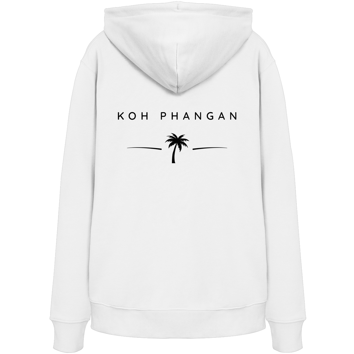 Original-Mockup des Bio Hoodie in Weiß mit Koh-Phangan-Minimal-Backprint