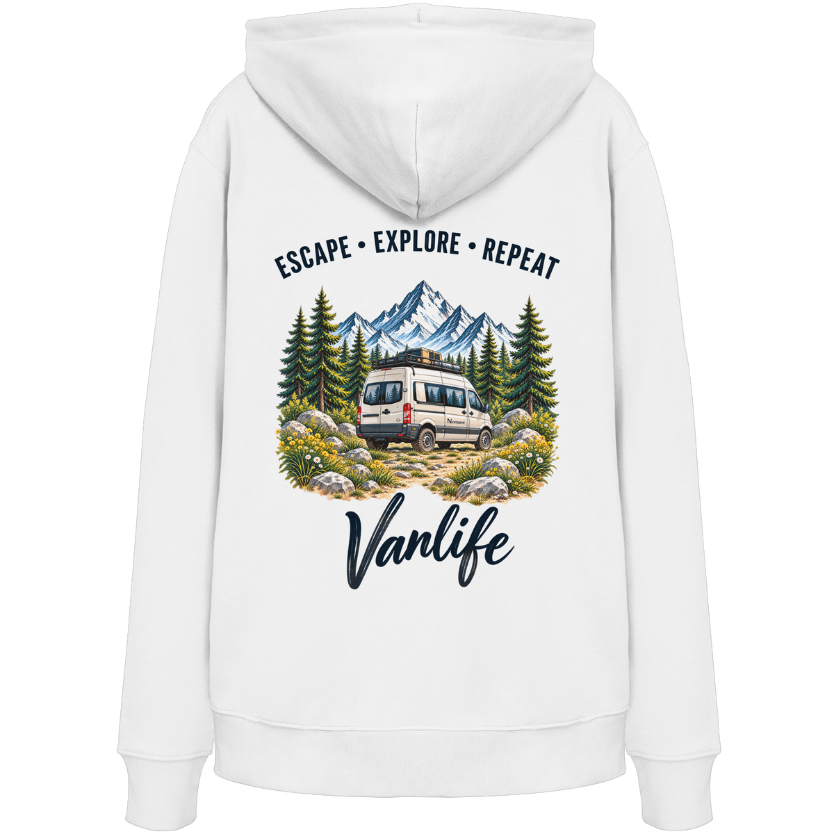 Bio Hoodie in White als Produkt-Mockup mit Escape Explore Repeat Motiv als Backprint
