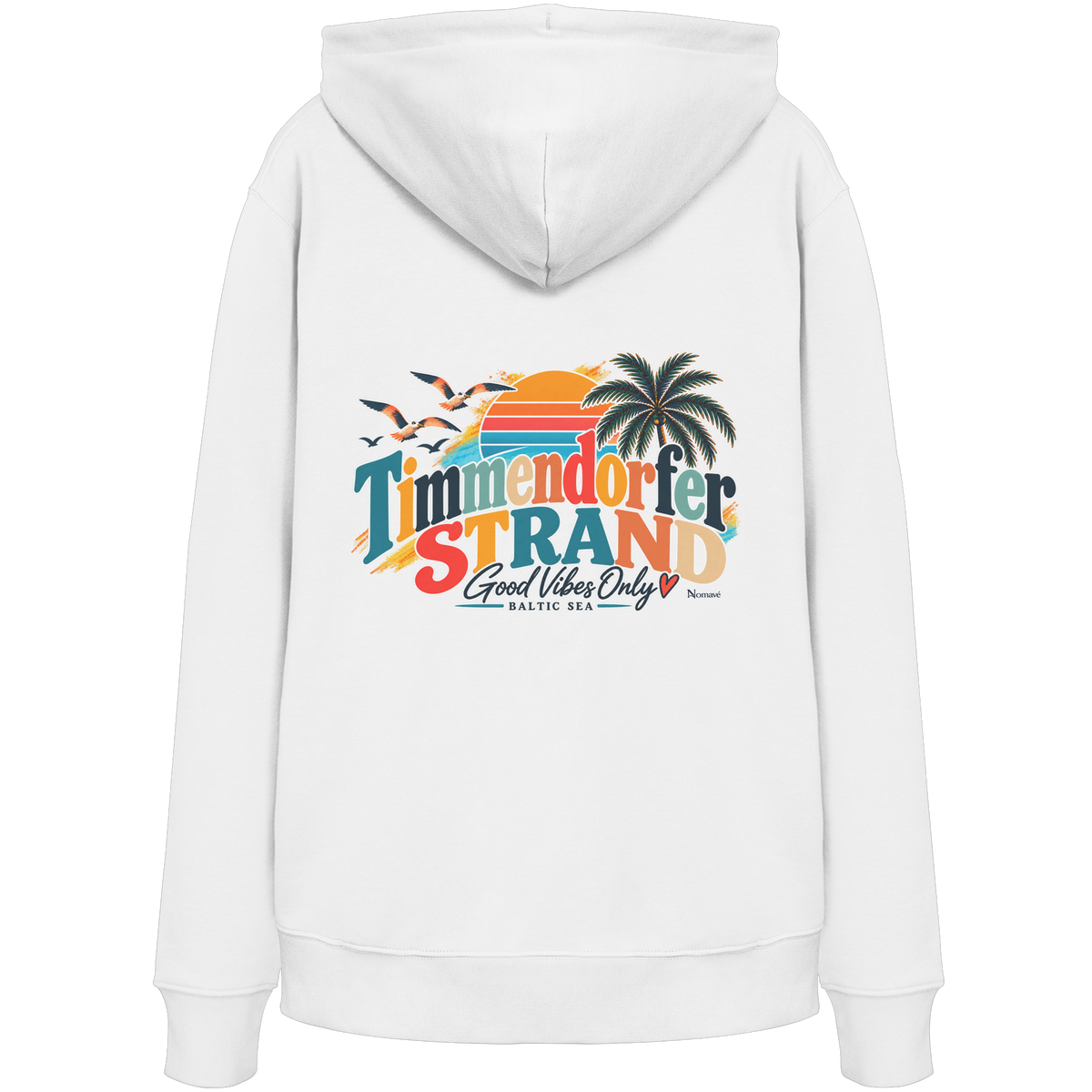 Timmendorfer Strand – Good Vibes Only – Unisex Bio-Hoodie mit Rückenprint – White; originales Katalogmockup der Rückansicht mit Rückenprint.
