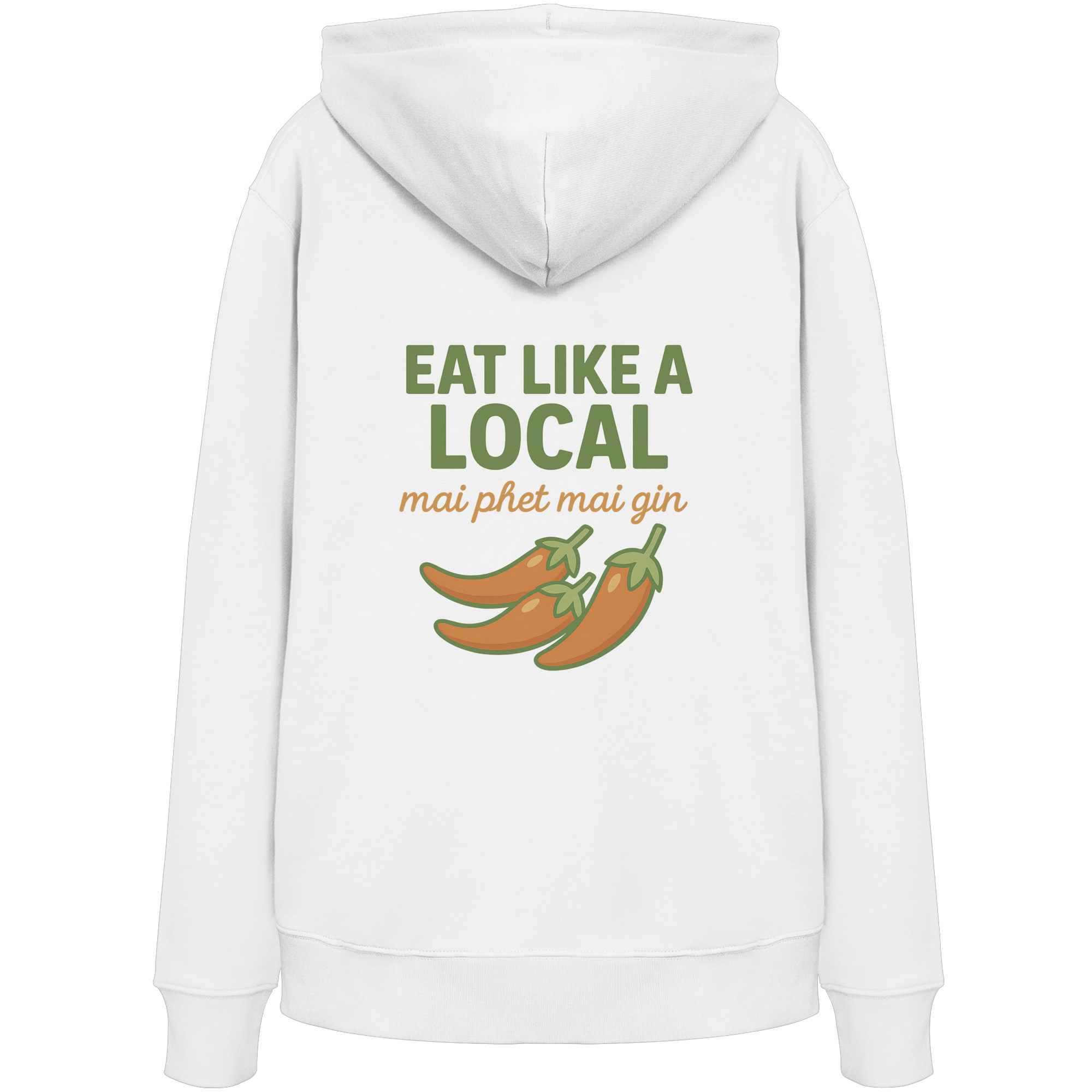 Eat Like a Local – Thai Food Design | „mai phet mai gin“ Chili Design - Rückseite bedruckt - Organic Hoodie
