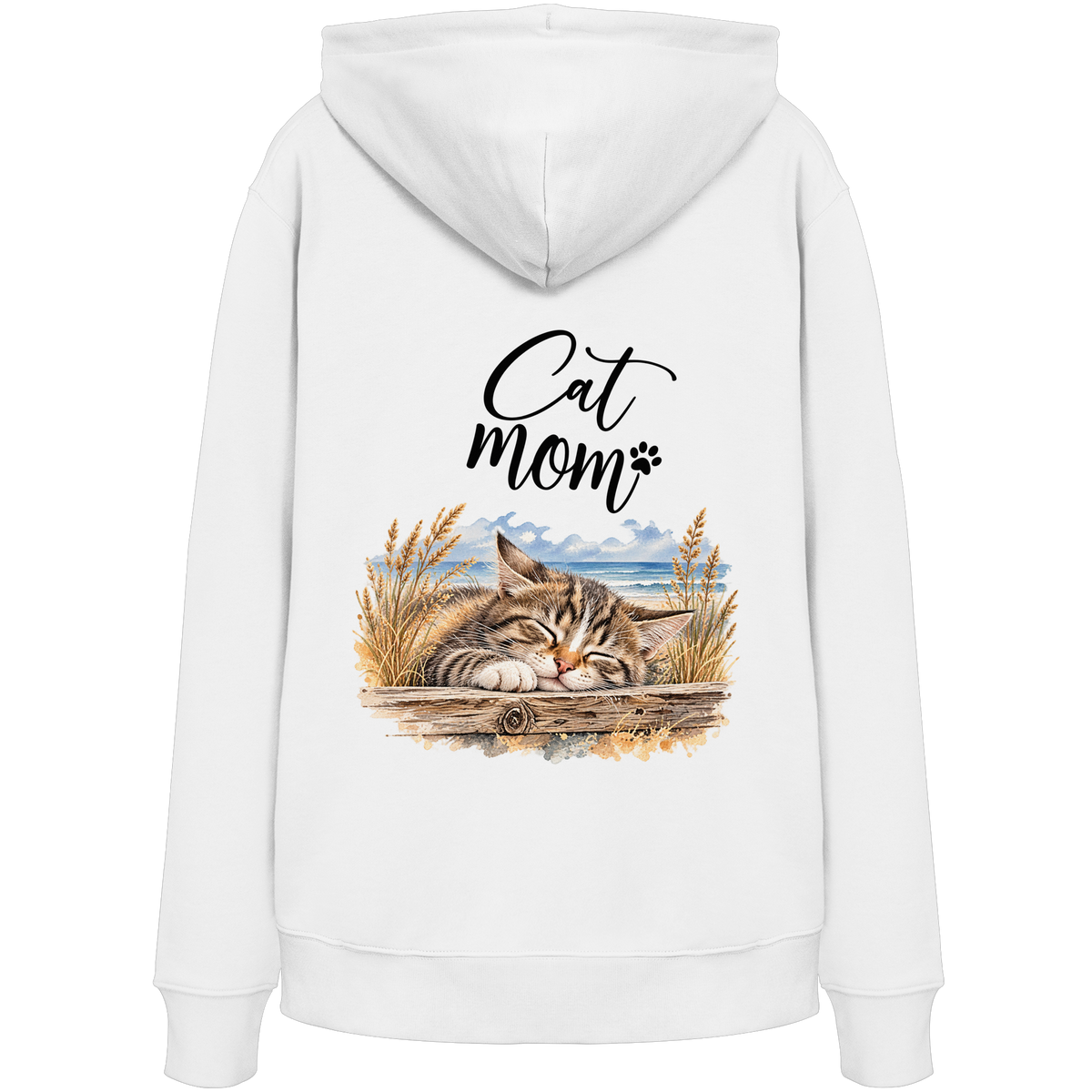 Cat Mom Bio-Hoodie in White – Original-Rückansicht mit Kapuze und Katzen-Küstenmotiv als Rückenprint.