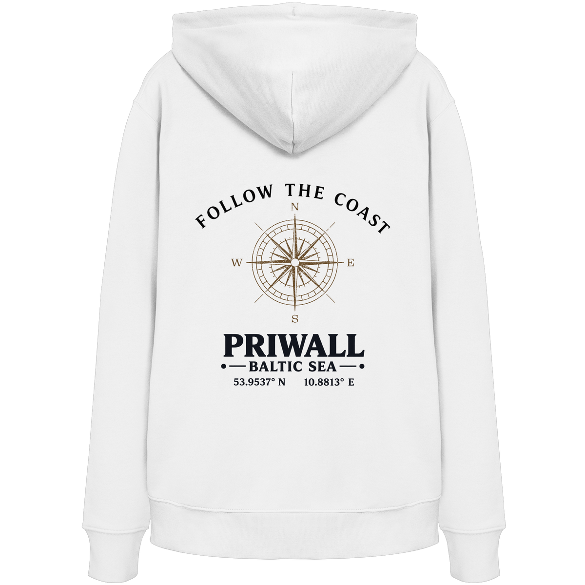 Rückansicht des Bio Hoodie in White mit hellem Priwall Follow the Coast Backprint