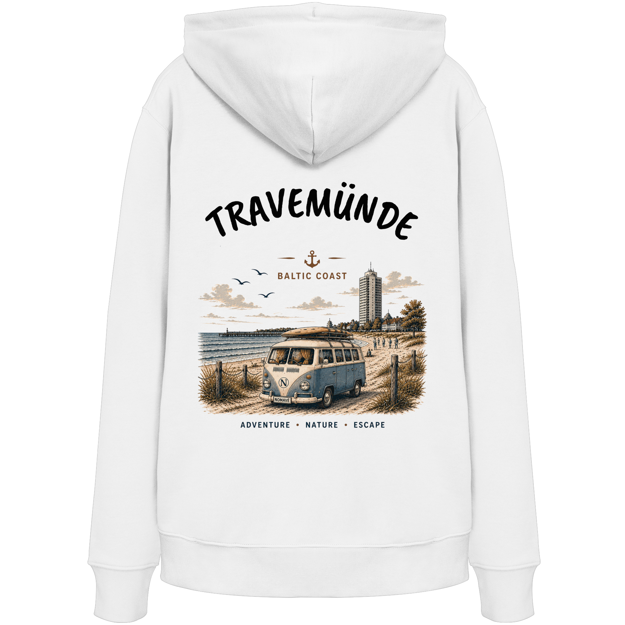 Travemünde Bulli Rückenprint – Bio Hoodie mit Küstenmotiv - Kapuzenpullover