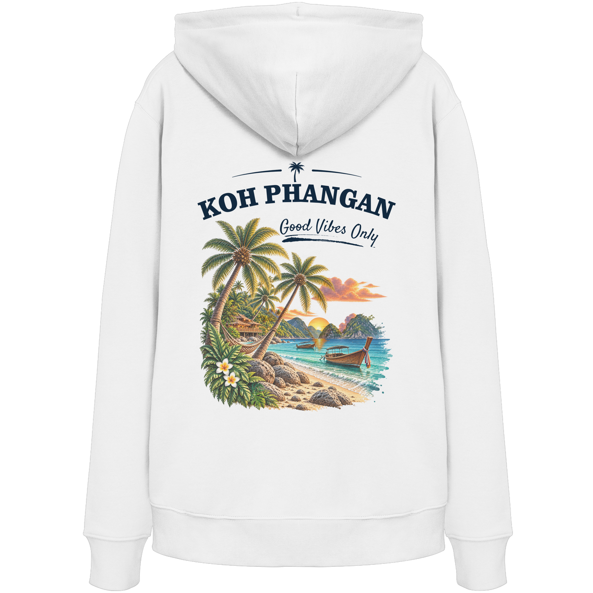 Bio Hoodie – Backprint in white als Original-Mockup mit Koh Phangan Good Vibes Only Backprint