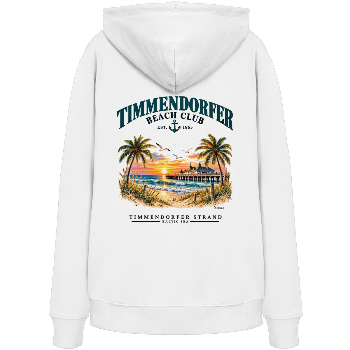 Original-/Katalogmockup: Unisex Bio-Hoodie in White, Rückansicht mit Timmendorfer-Beach-Club-Rückendruck.