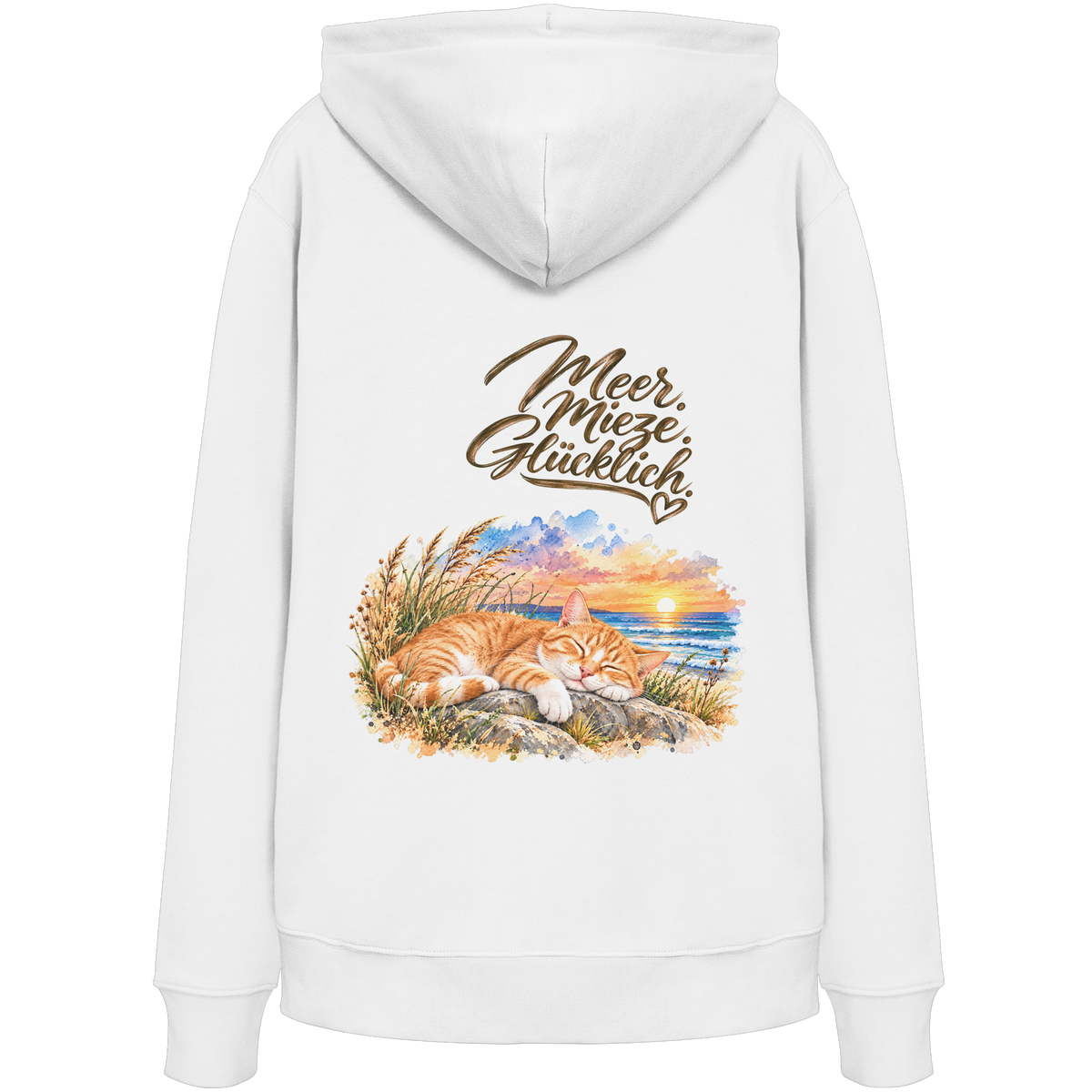 Unisex Bio-Hoodie in White mit „Meer. Mieze. Glücklich.“ als Backprint – Rückansicht im Original-Mockup.