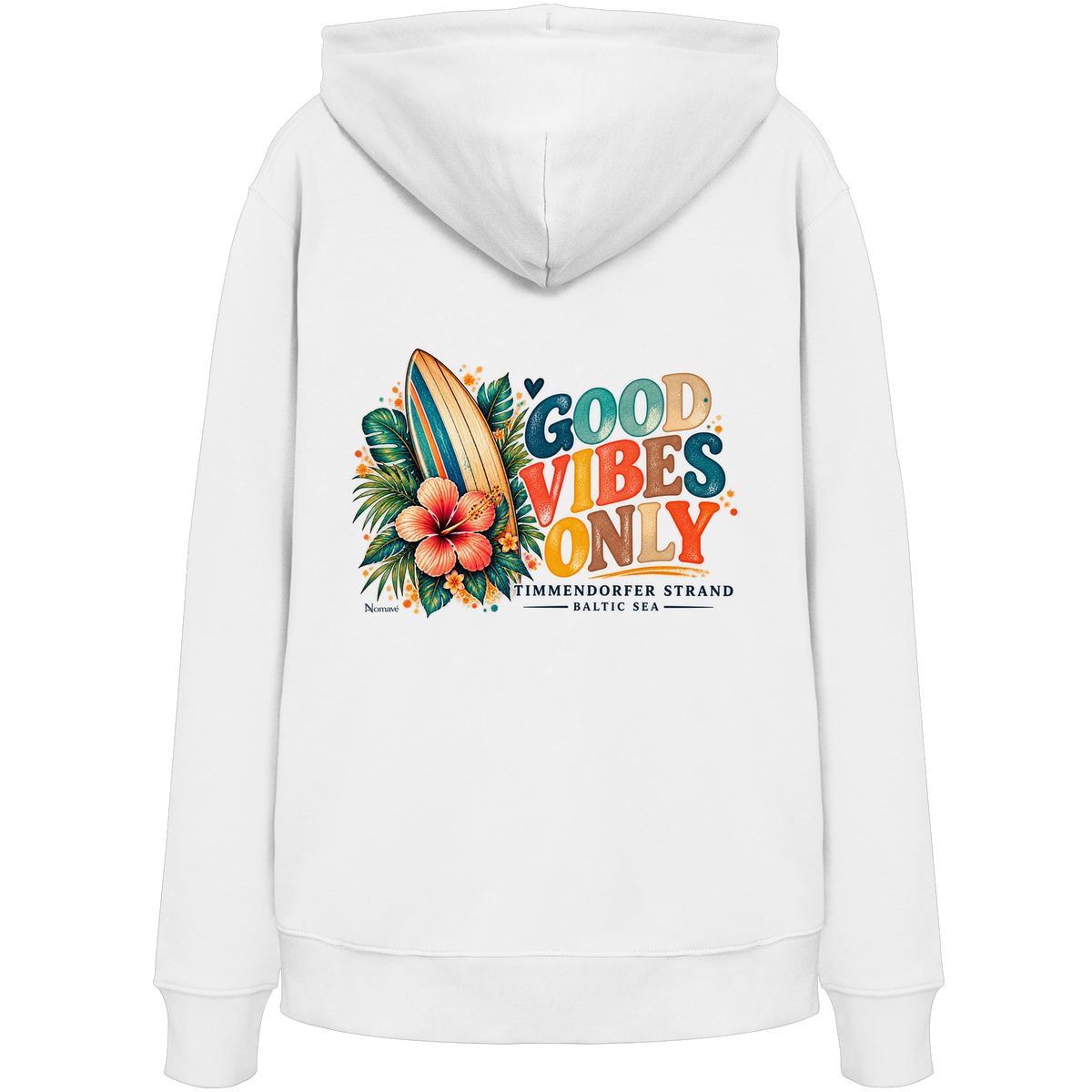 Original-Rückansicht 2: Unisex Bio-Hoodie in White mit Timmendorfer-Surf-Vibes-Rückenprint, Surfboard, Hibiskusblüten und Baltic-Sea-Schriftzug.