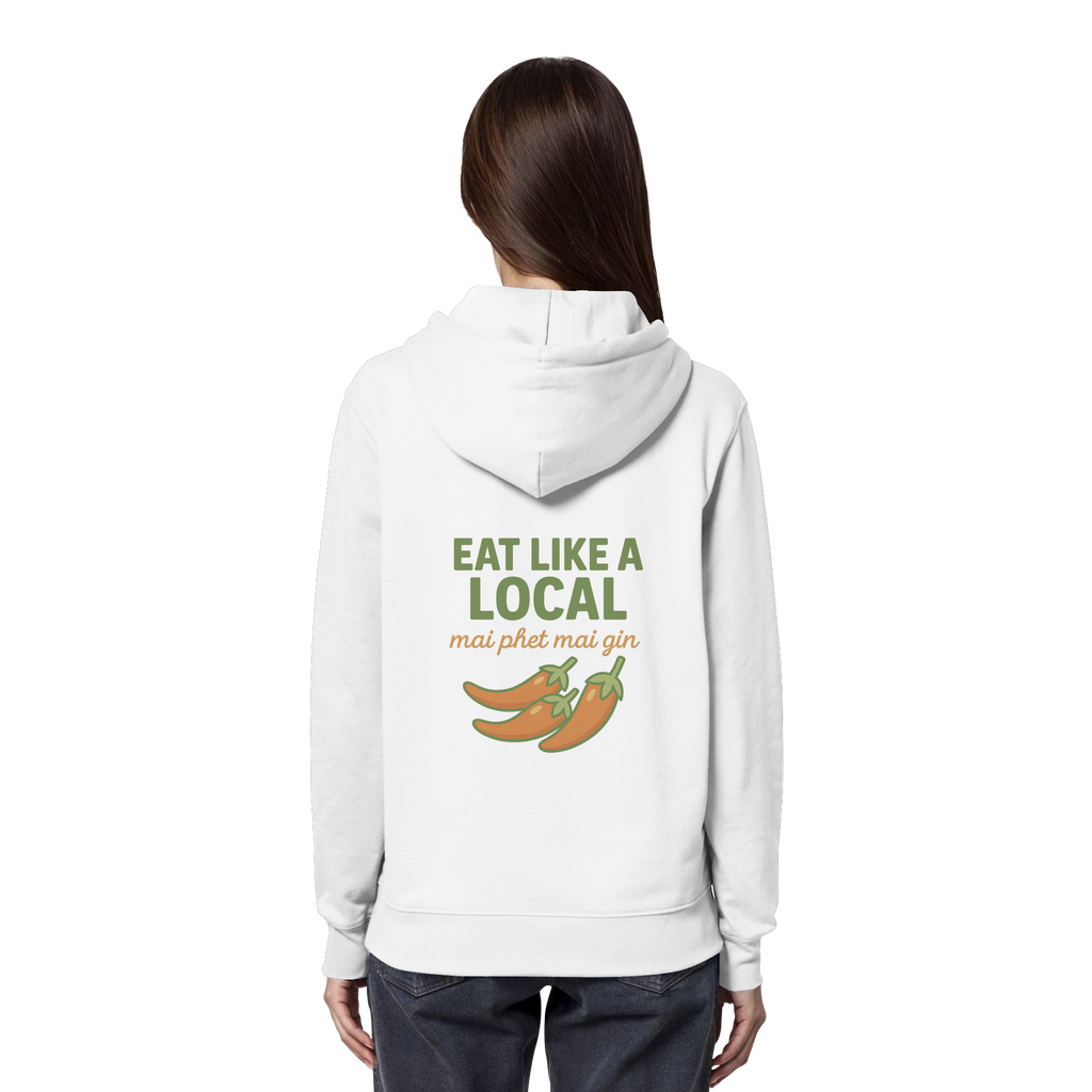 Eat Like a Local – Thai Food Design | „mai phet mai gin“ Chili Design - Rückseite bedruckt - Organic Hoodie