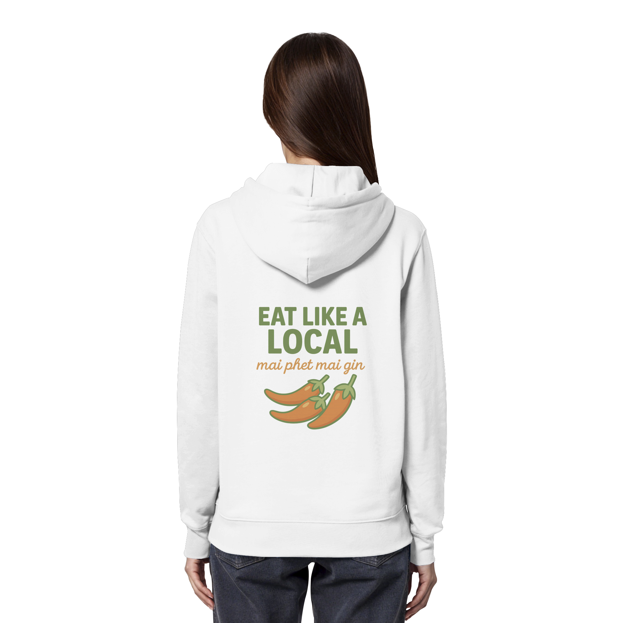 Eat Like a Local – Thai Food Design | „mai phet mai gin“ Chili Design - Rückseite bedruckt - Organic Hoodie