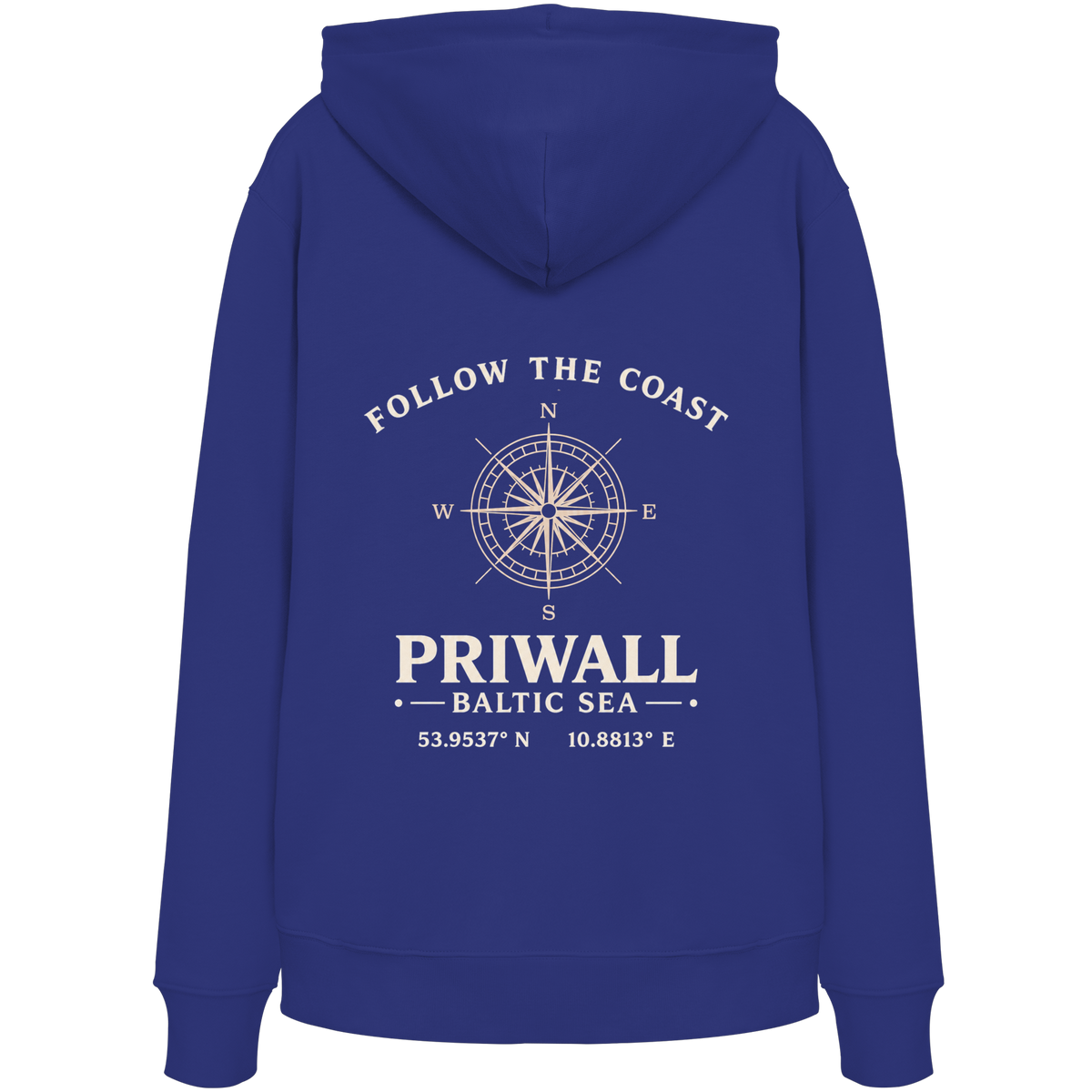 Rückansicht des Bio Hoodie in Worker Blue mit dunklem Priwall Follow the Coast Backprint