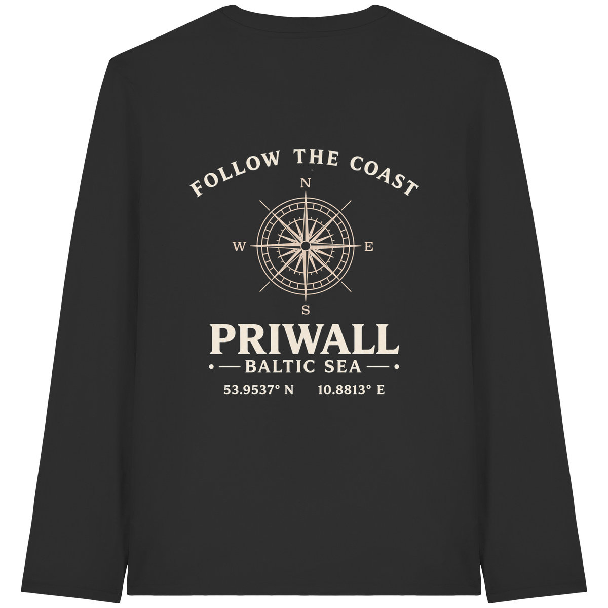 Rückansicht des Bio Longsleeve in Black mit dunklem Priwall Follow the Coast Backprint